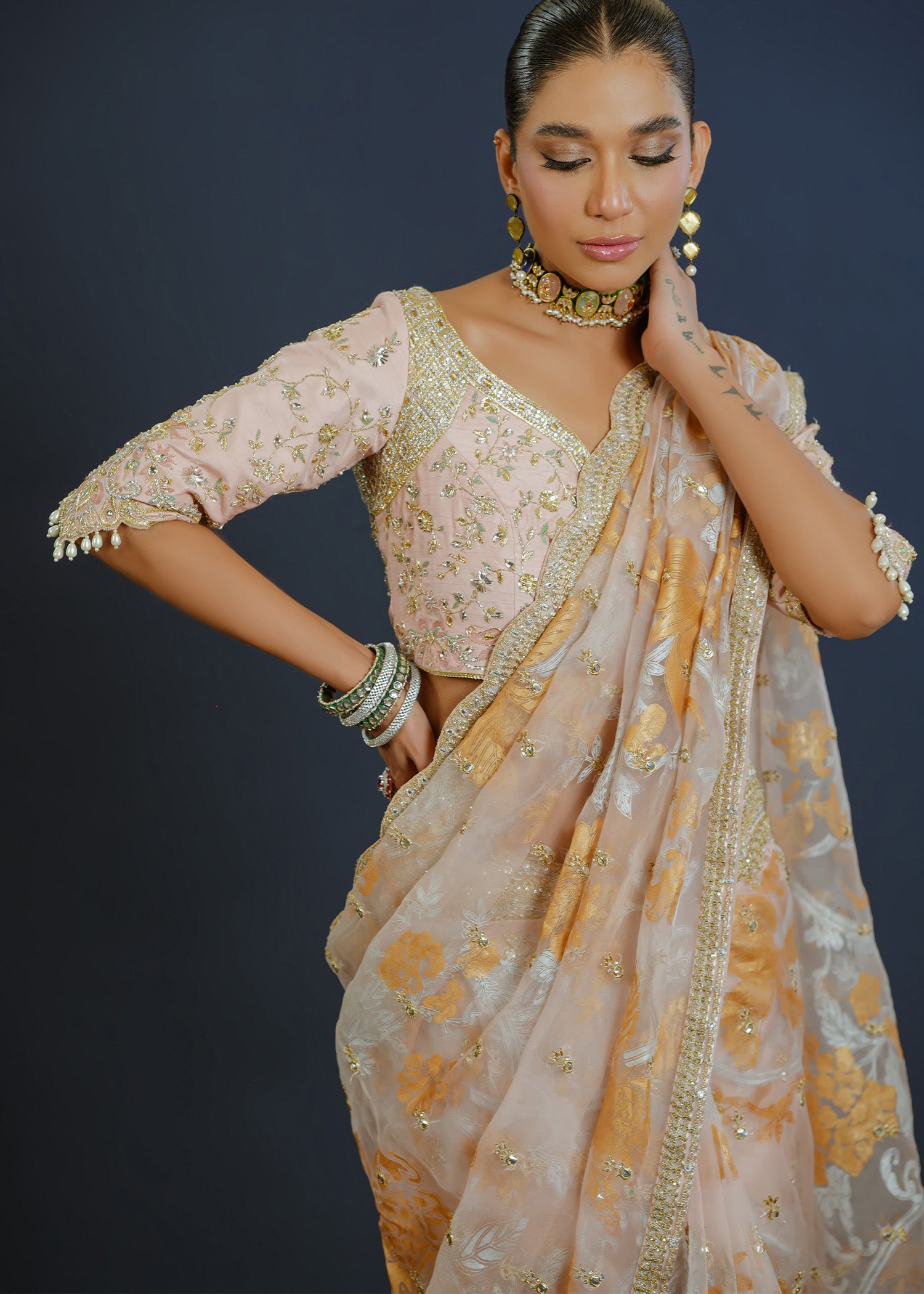 Tea Pink Gota & Mirror Work Silk Organza Saree (3-Piece) - Image 2