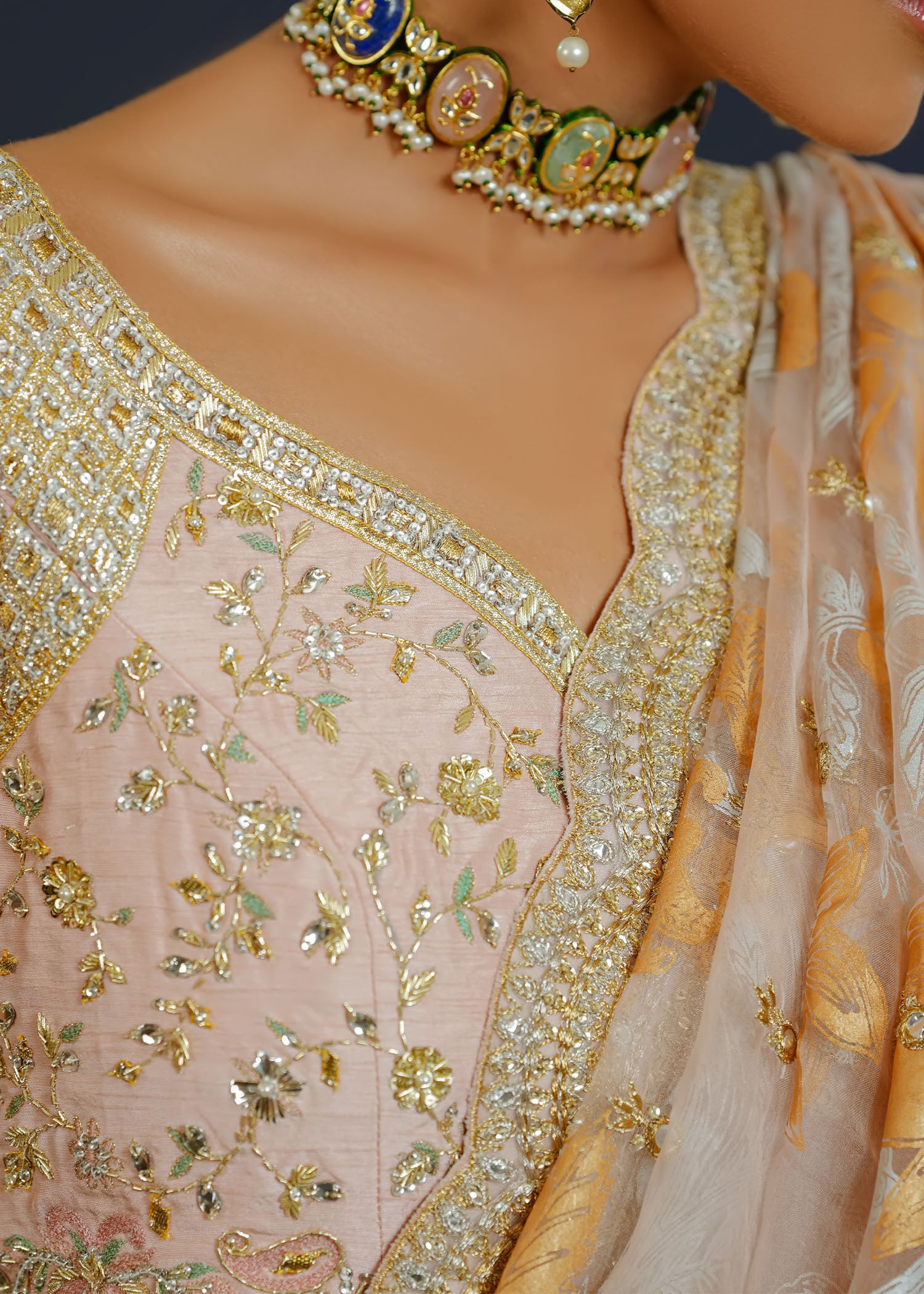 Tea Pink Gota & Mirror Work Silk Organza Saree (3-Piece) - Image 3
