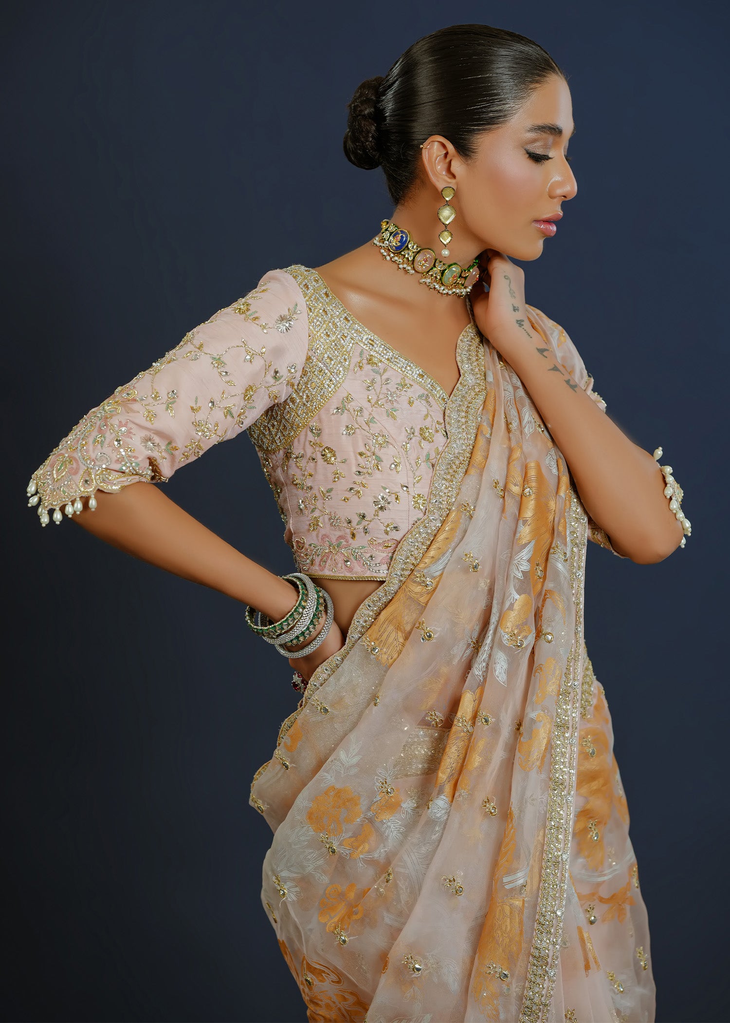 Tea Pink Gota & Mirror Work Silk Organza Saree (3-Piece) - Image 5