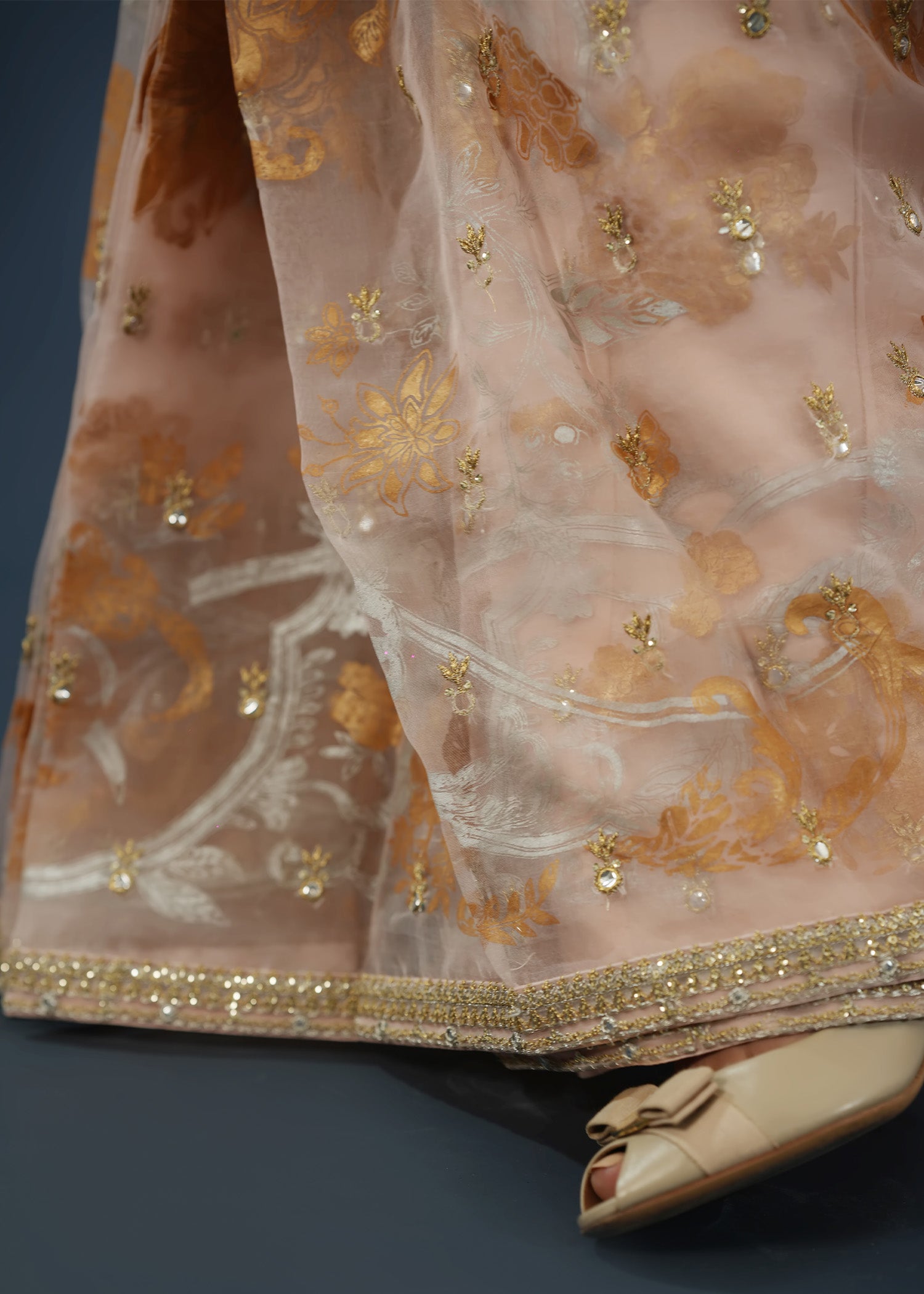 Tea Pink Gota & Mirror Work Silk Organza Saree (3-Piece) - Image 6