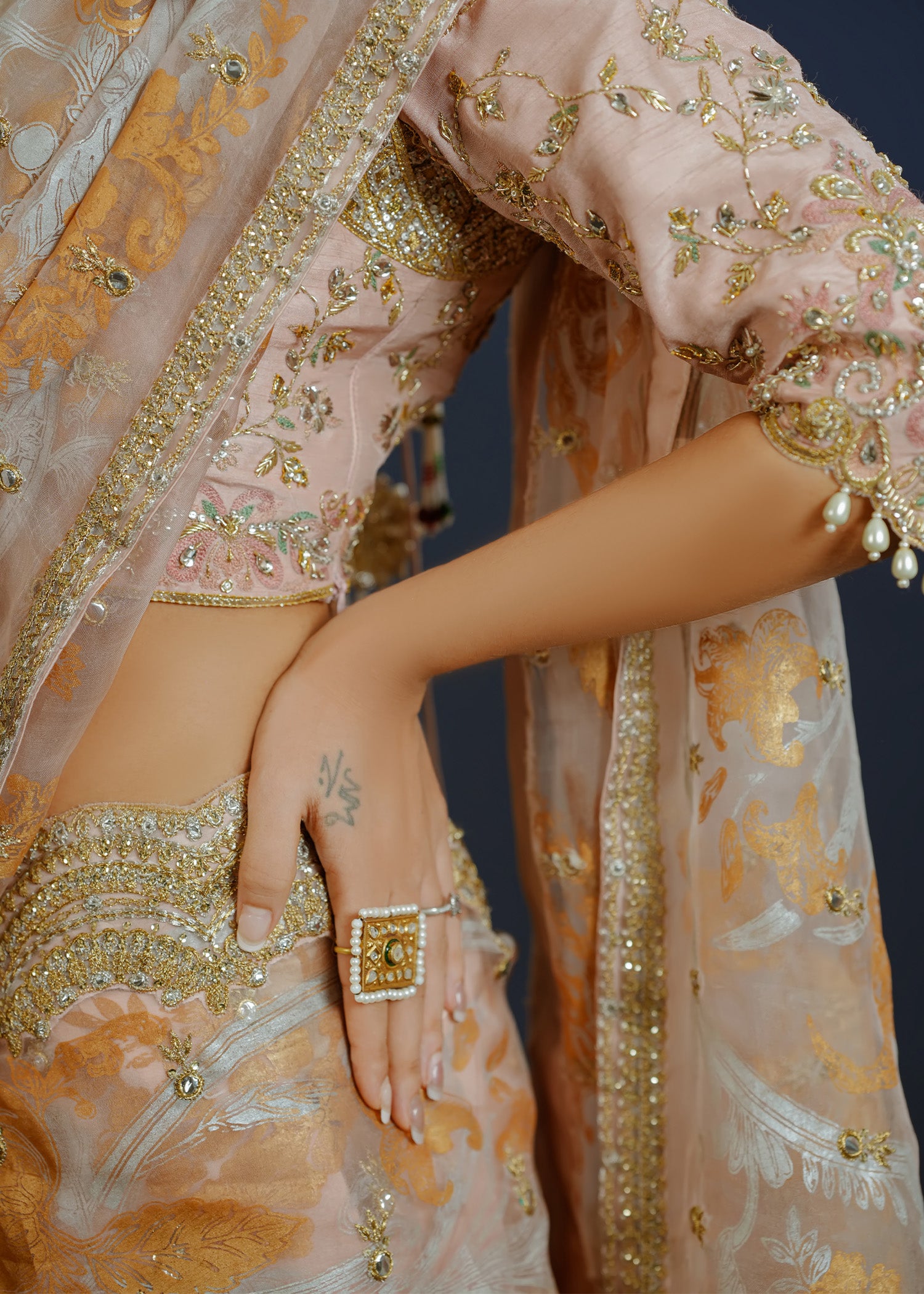 Tea Pink Gota & Mirror Work Silk Organza Saree (3-Piece) - Image 7