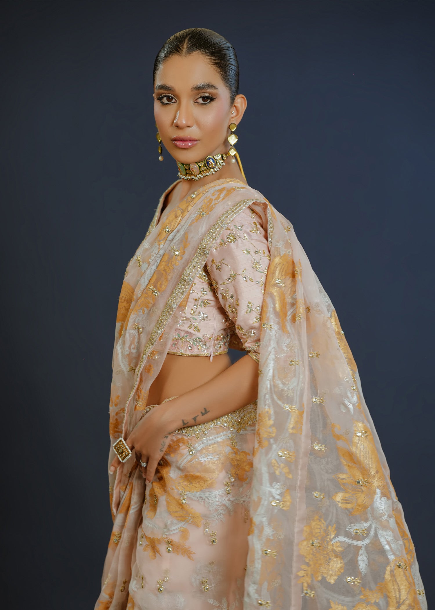 Tea Pink Gota & Mirror Work Silk Organza Saree (3-Piece) - Image 8