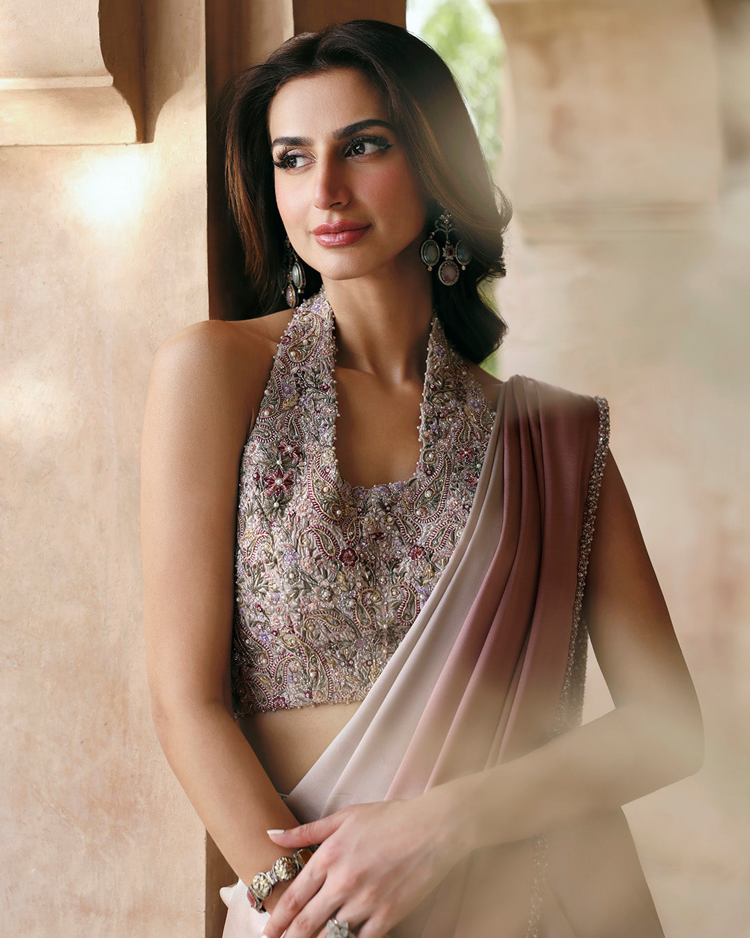 Indian Ombre Pink & Crème Embroidered Korean Raw Silk Saree (2-Piece) - Image 2