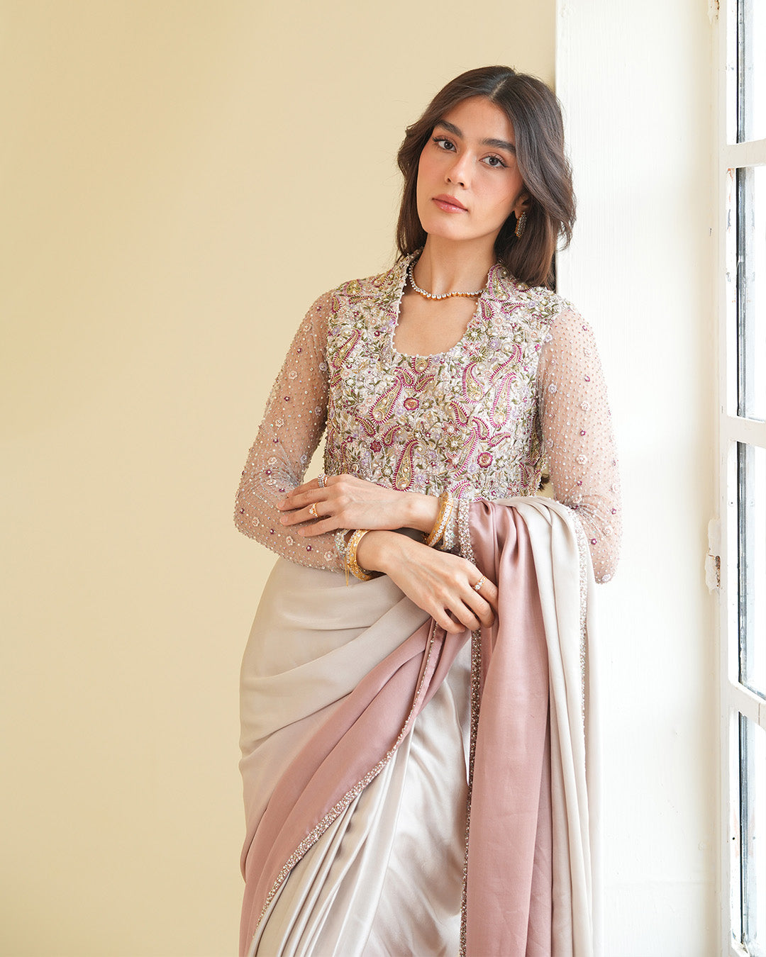 Indian Ombre Pink & Crème Embroidered Korean Raw Silk Saree (2-Piece) - Image 8