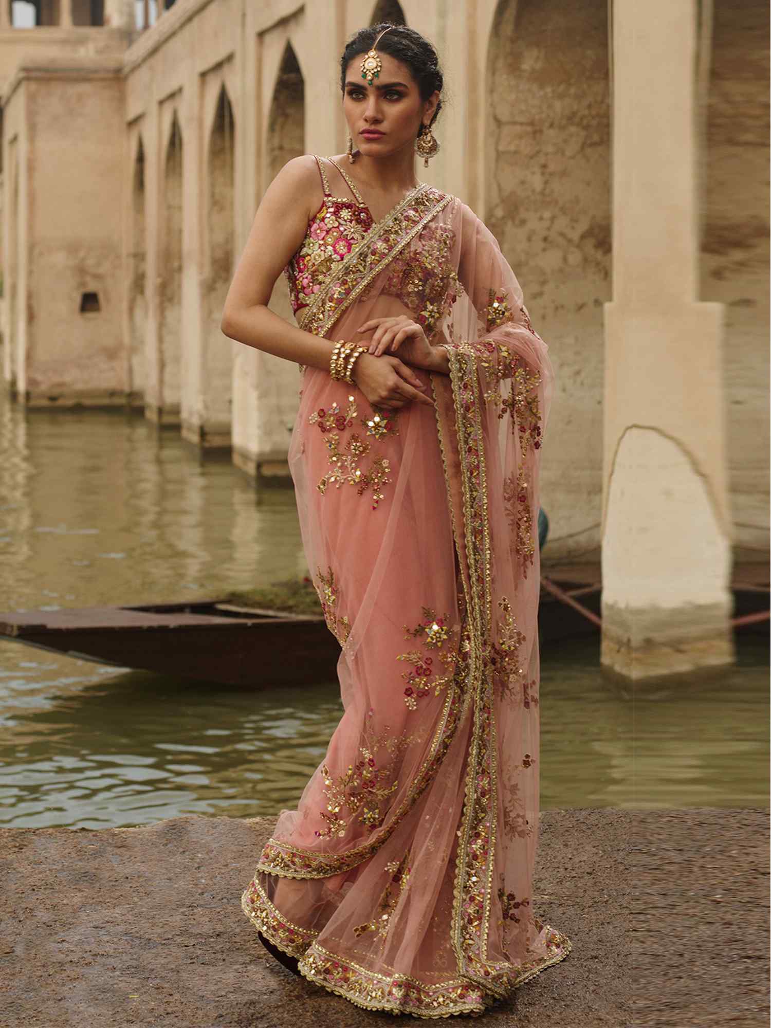 Indian Rose Pink Embroidered Raw Silk & Net Saree (2-Piece) - Image 1
