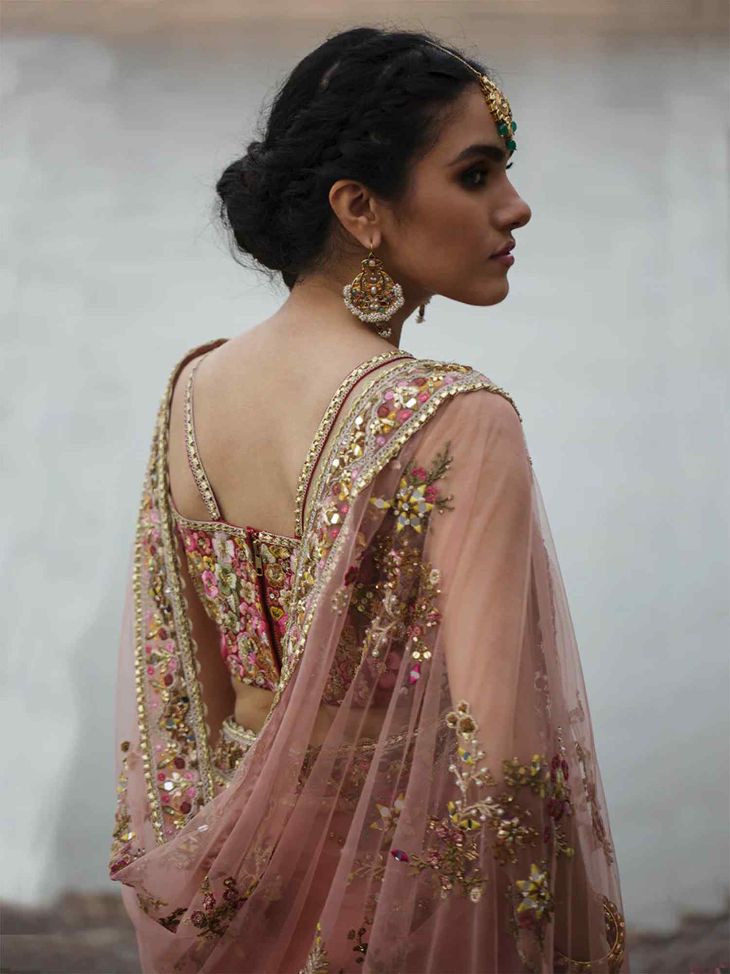 Indian Rose Pink Embroidered Raw Silk & Net Saree (2-Piece) - Image 2