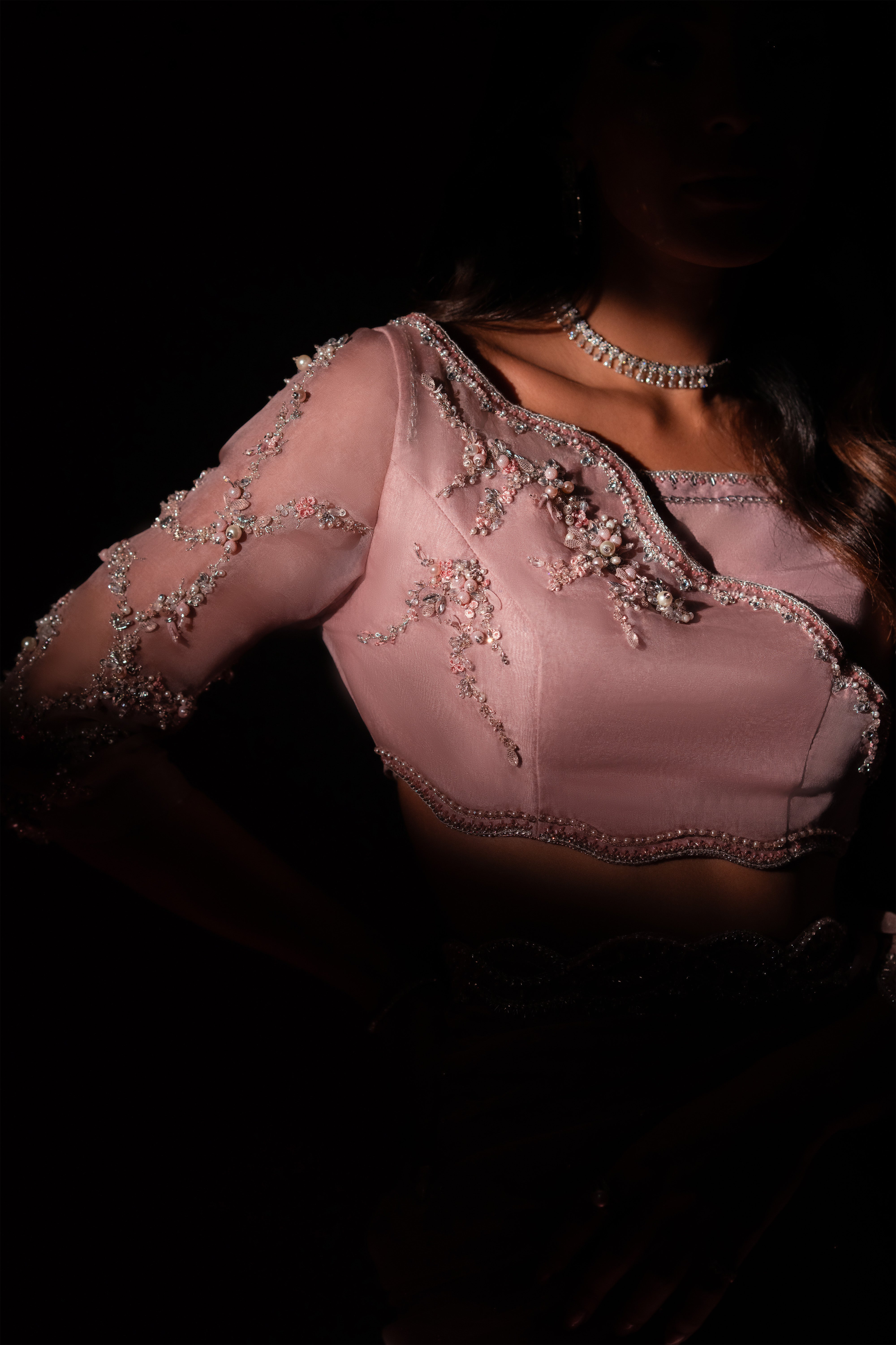 Blush Pink Embellished Raw Silk Saree (3-Piece) - Image 10