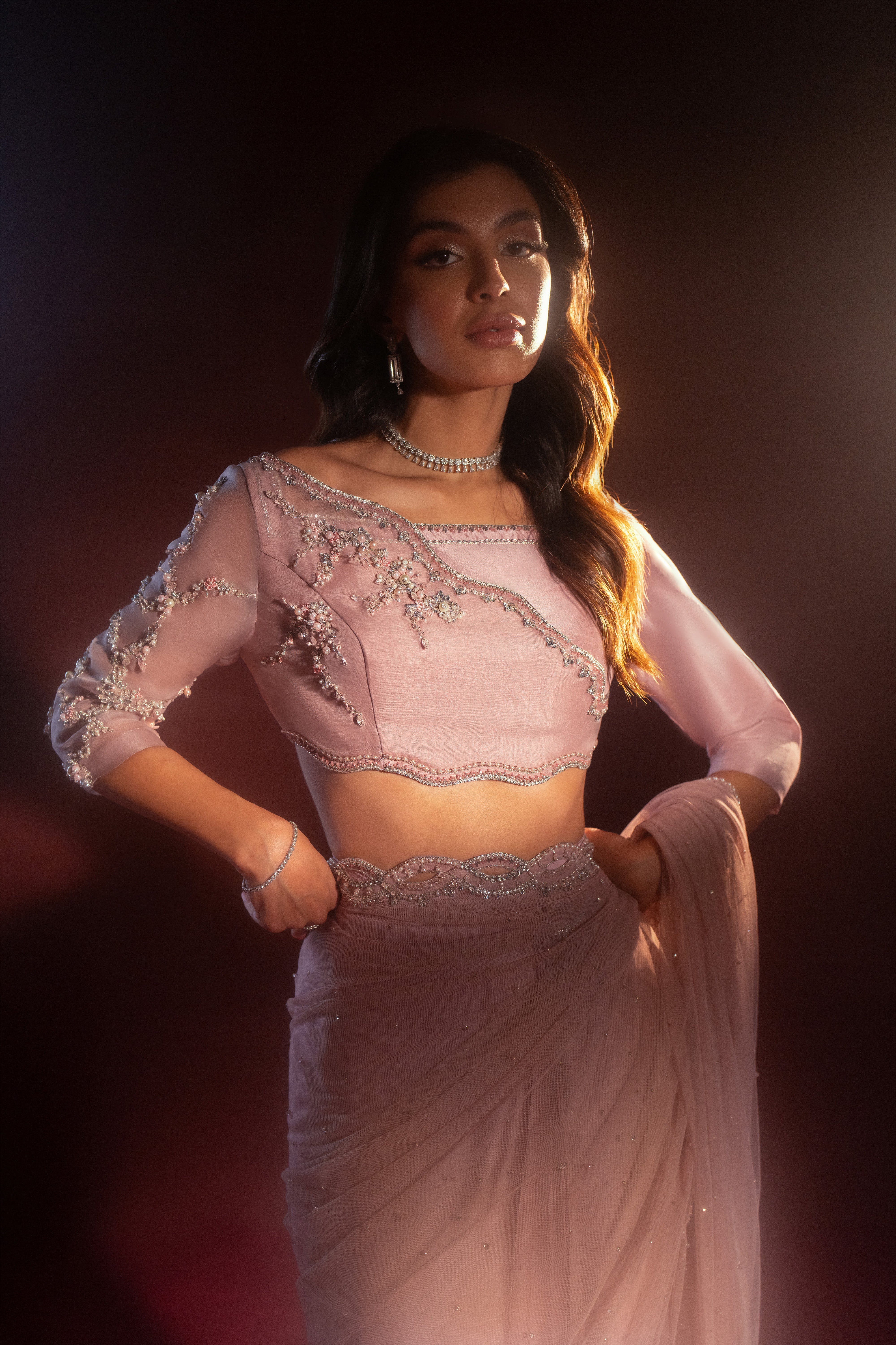 Blush Pink Embellished Raw Silk Saree (3-Piece) - Image 4