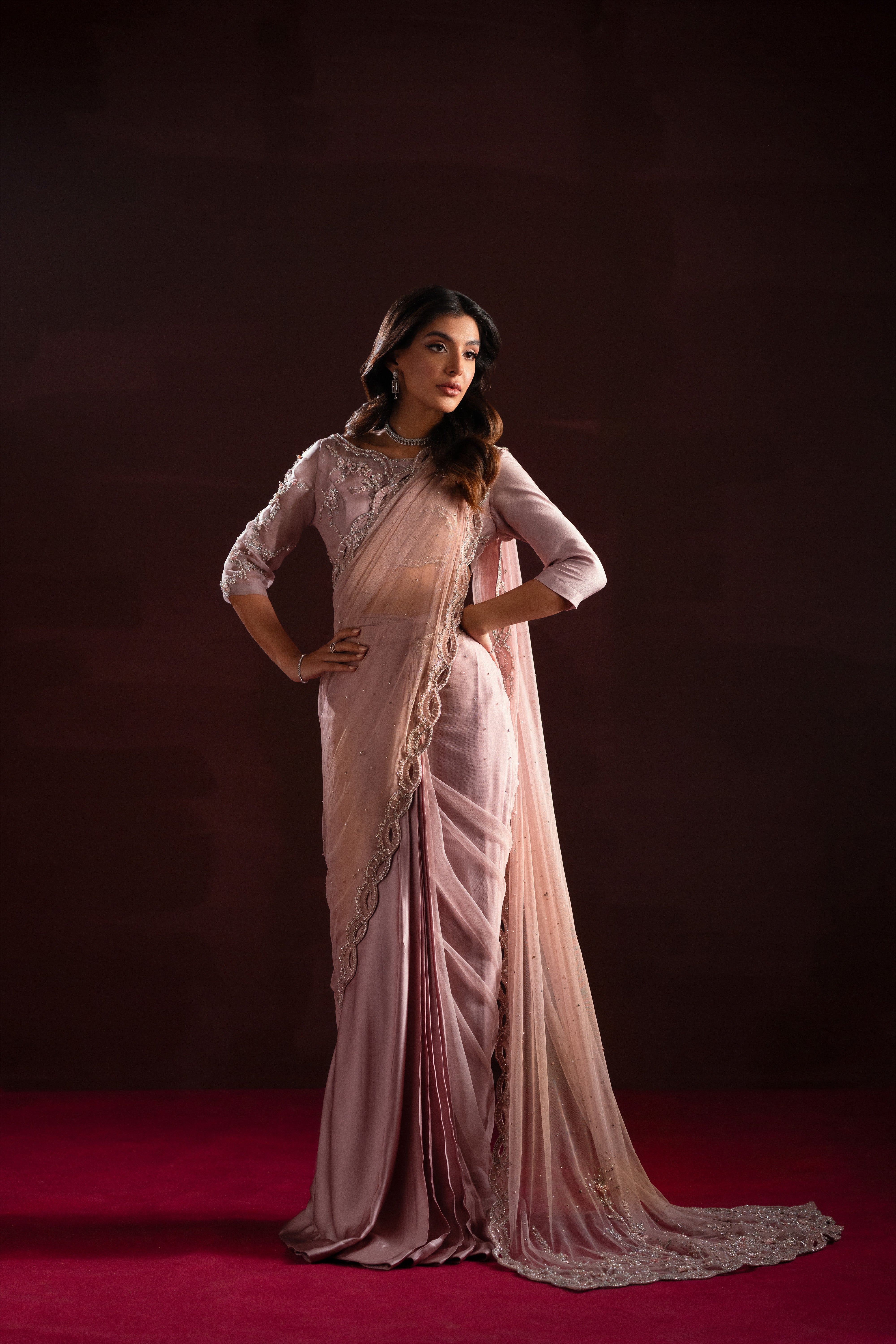 Blush Pink Embellished Raw Silk Saree (3-Piece) - Image 5