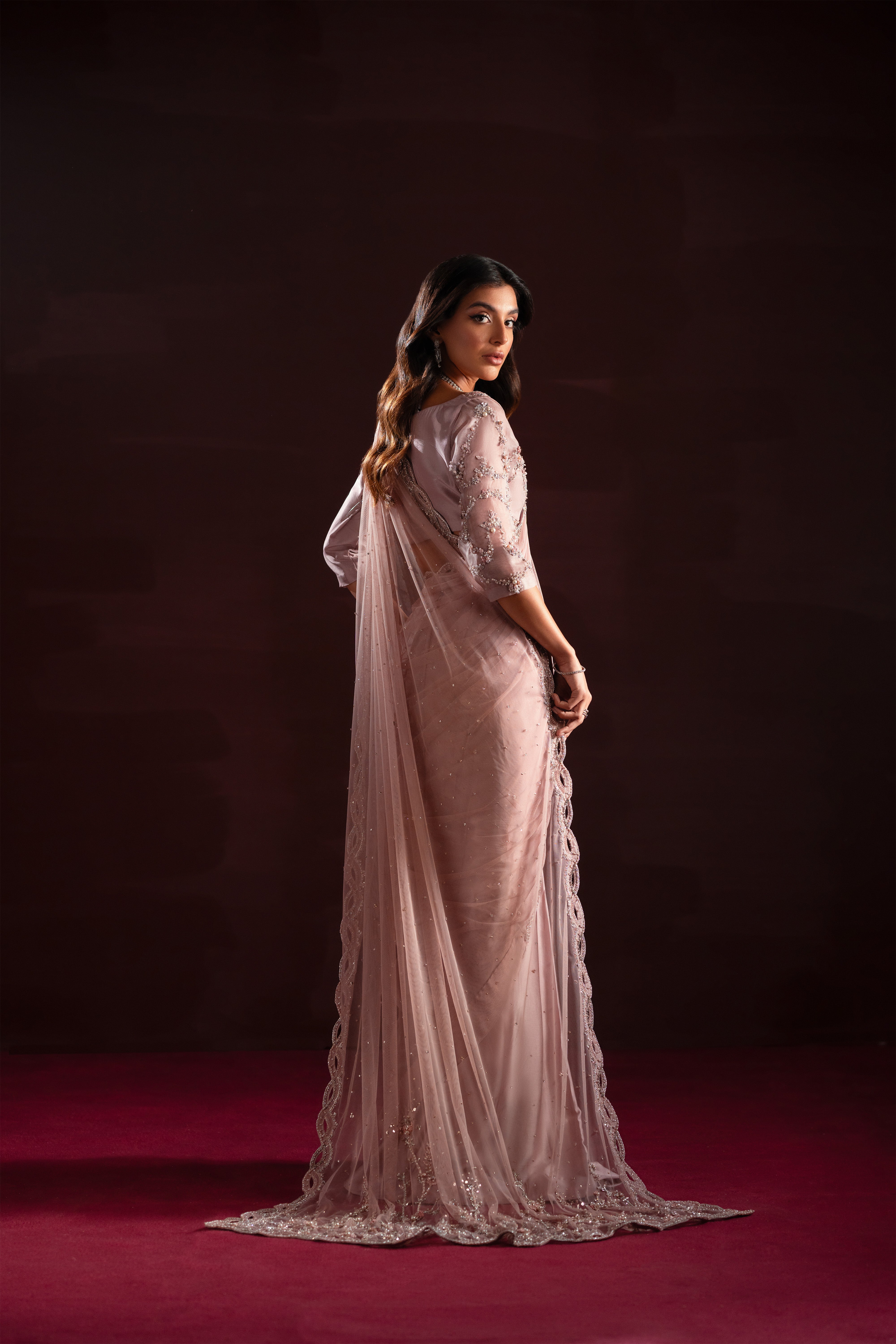 Blush Pink Embellished Raw Silk Saree (3-Piece) - Image 7