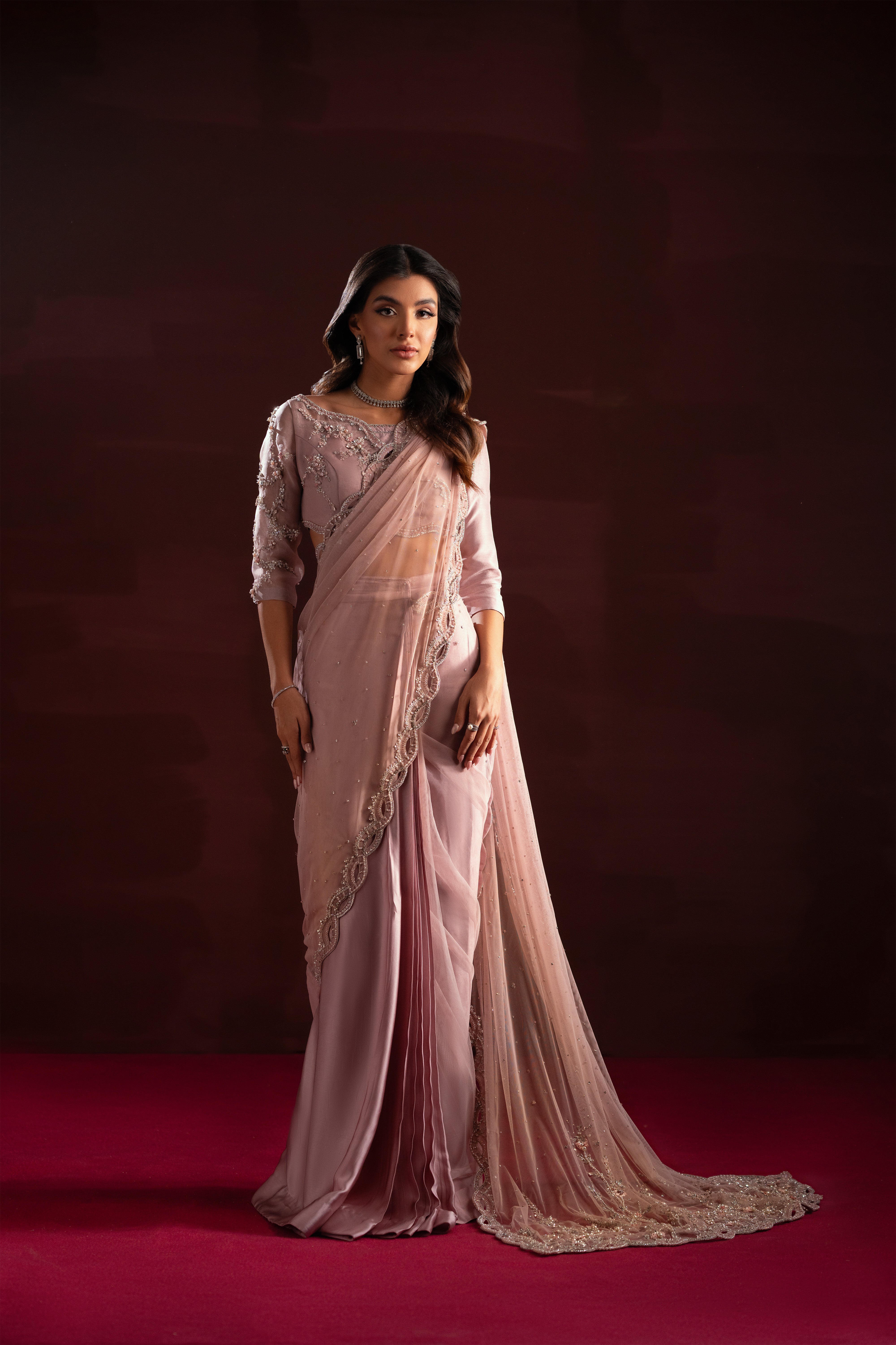 Blush Pink Embellished Silk & Net Saree (3-Piece) - Image 1