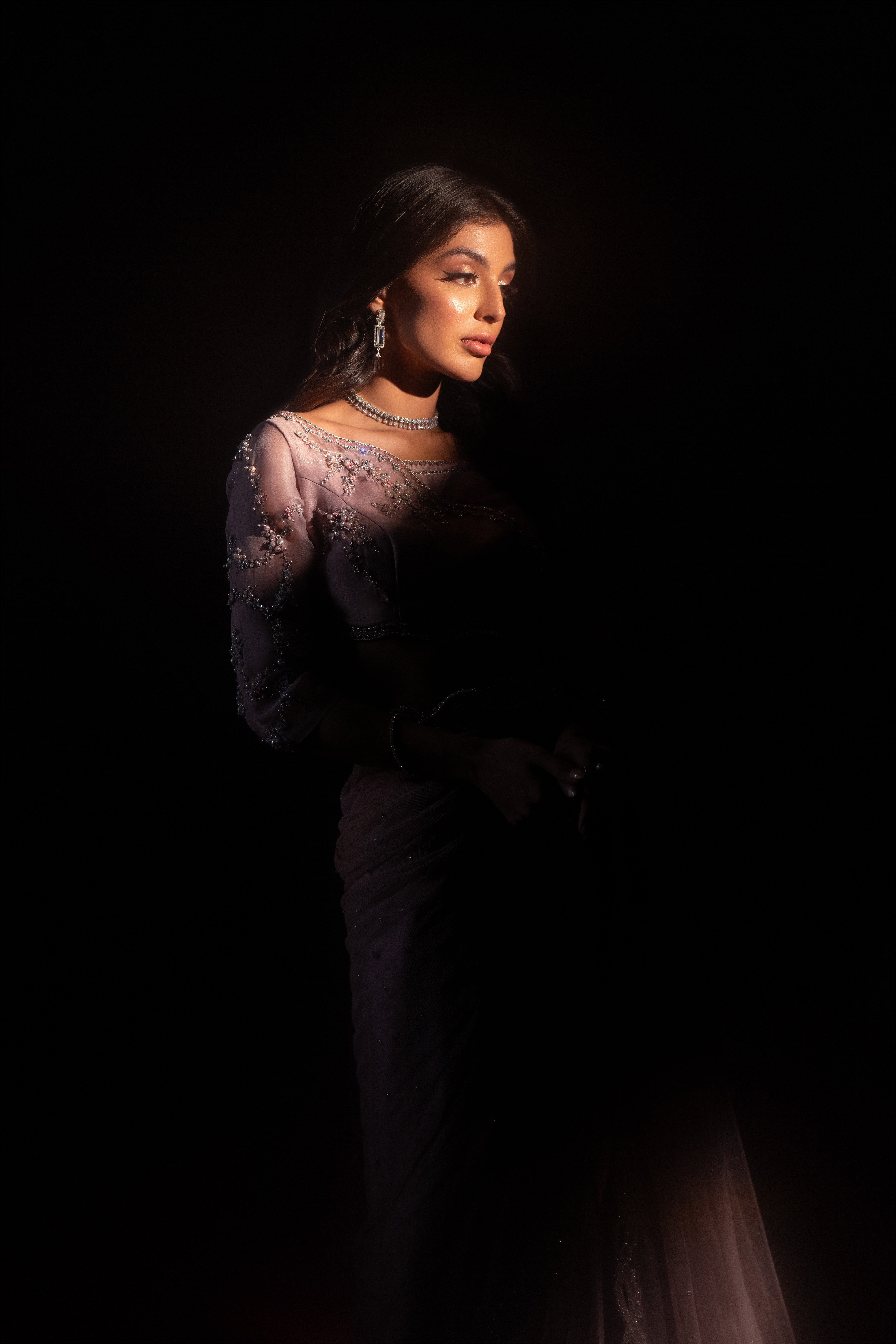 Blush Pink Embellished Silk & Net Saree (3-Piece) - Image 11