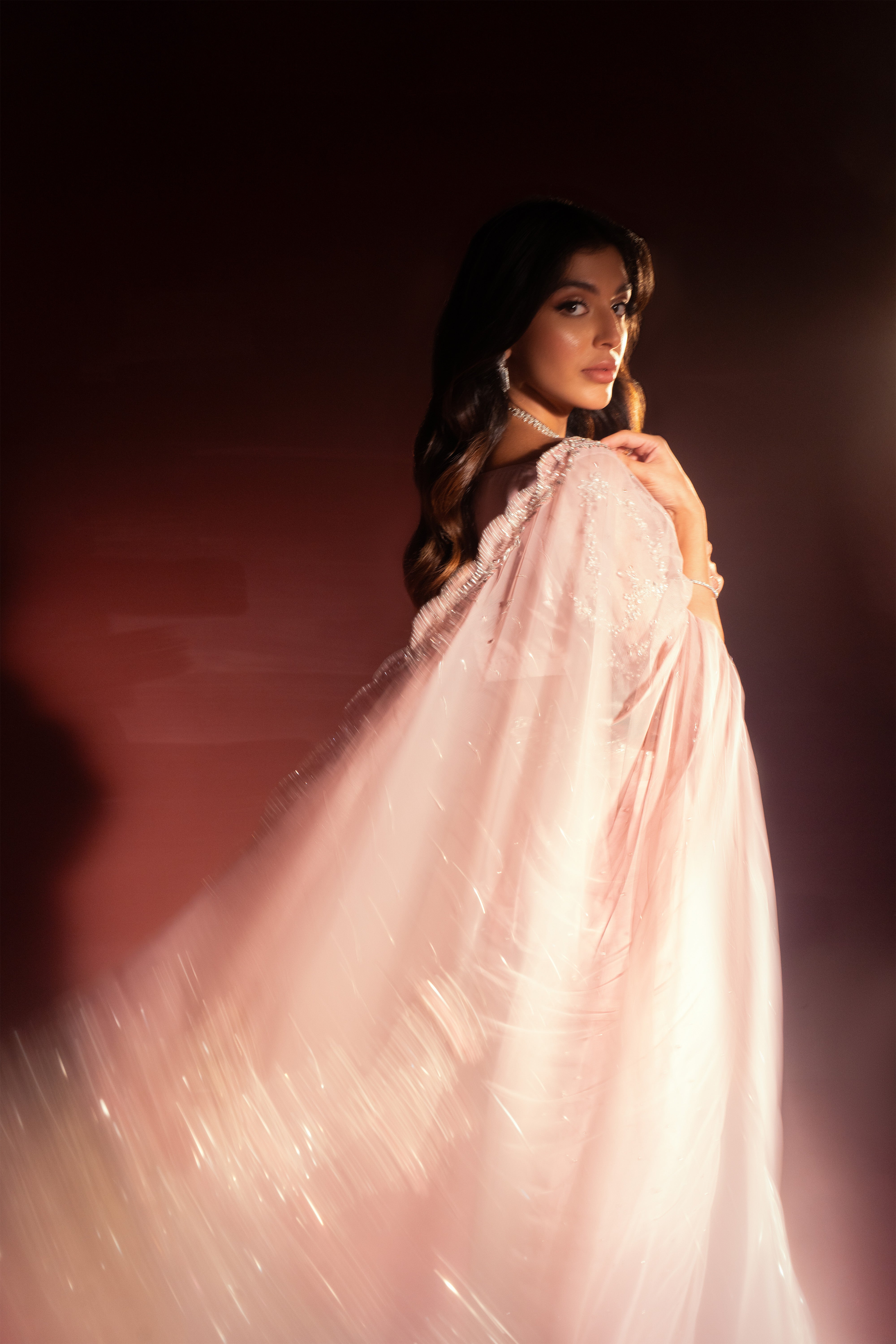 Blush Pink Embellished Silk & Net Saree (3-Piece) - Image 12