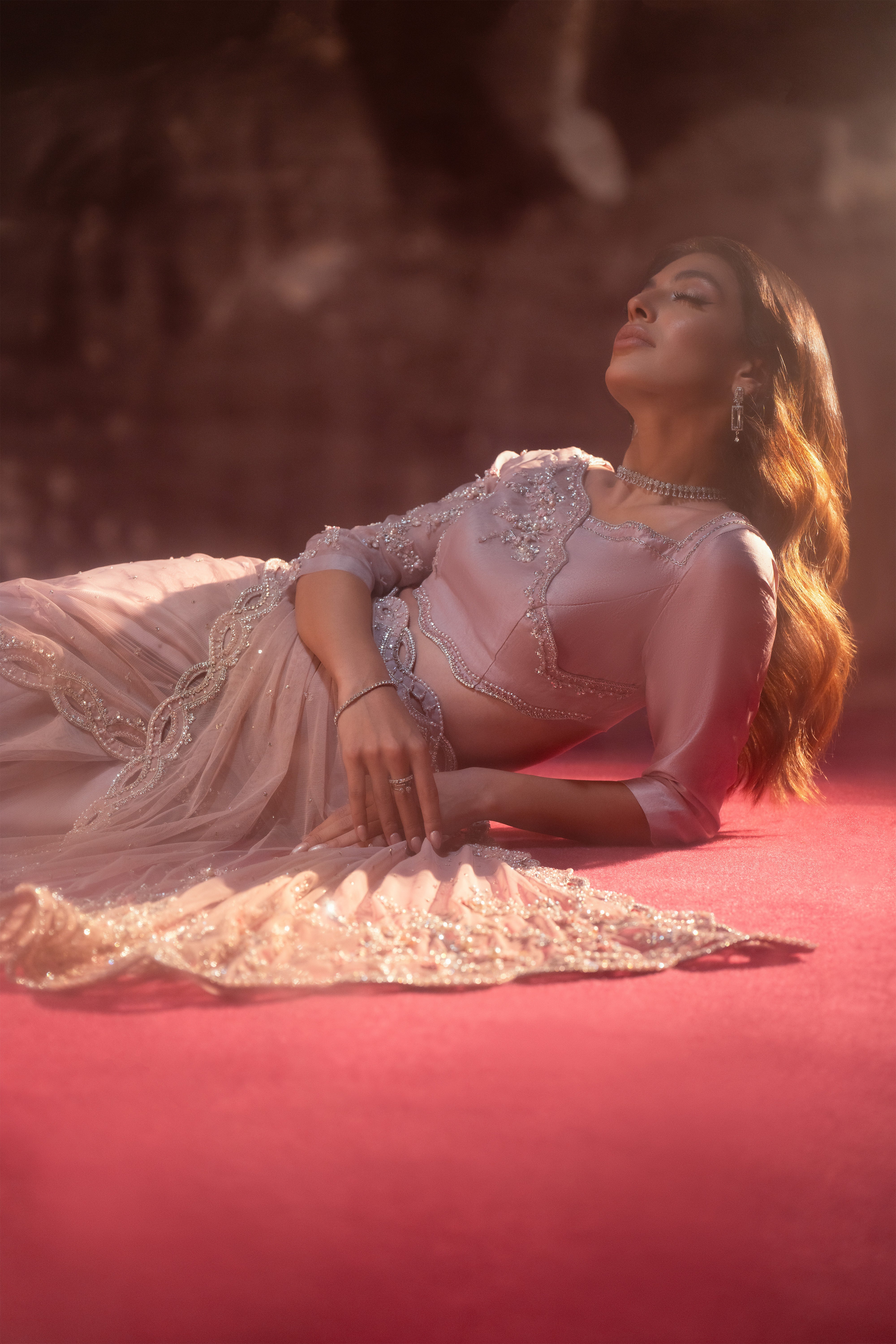 Blush Pink Embellished Silk & Net Saree (3-Piece) - Image 15