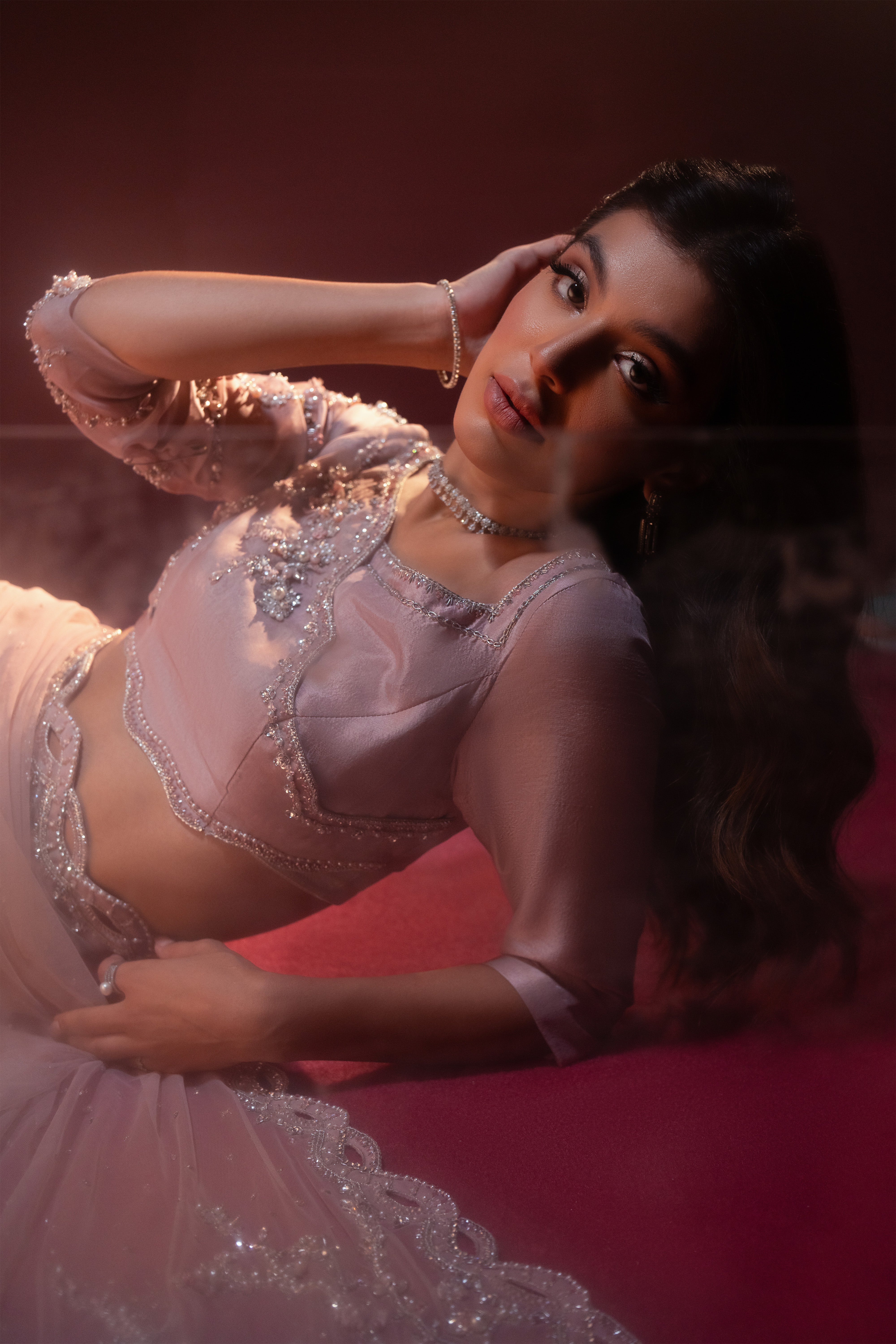 Blush Pink Embellished Silk & Net Saree (3-Piece) - Image 16