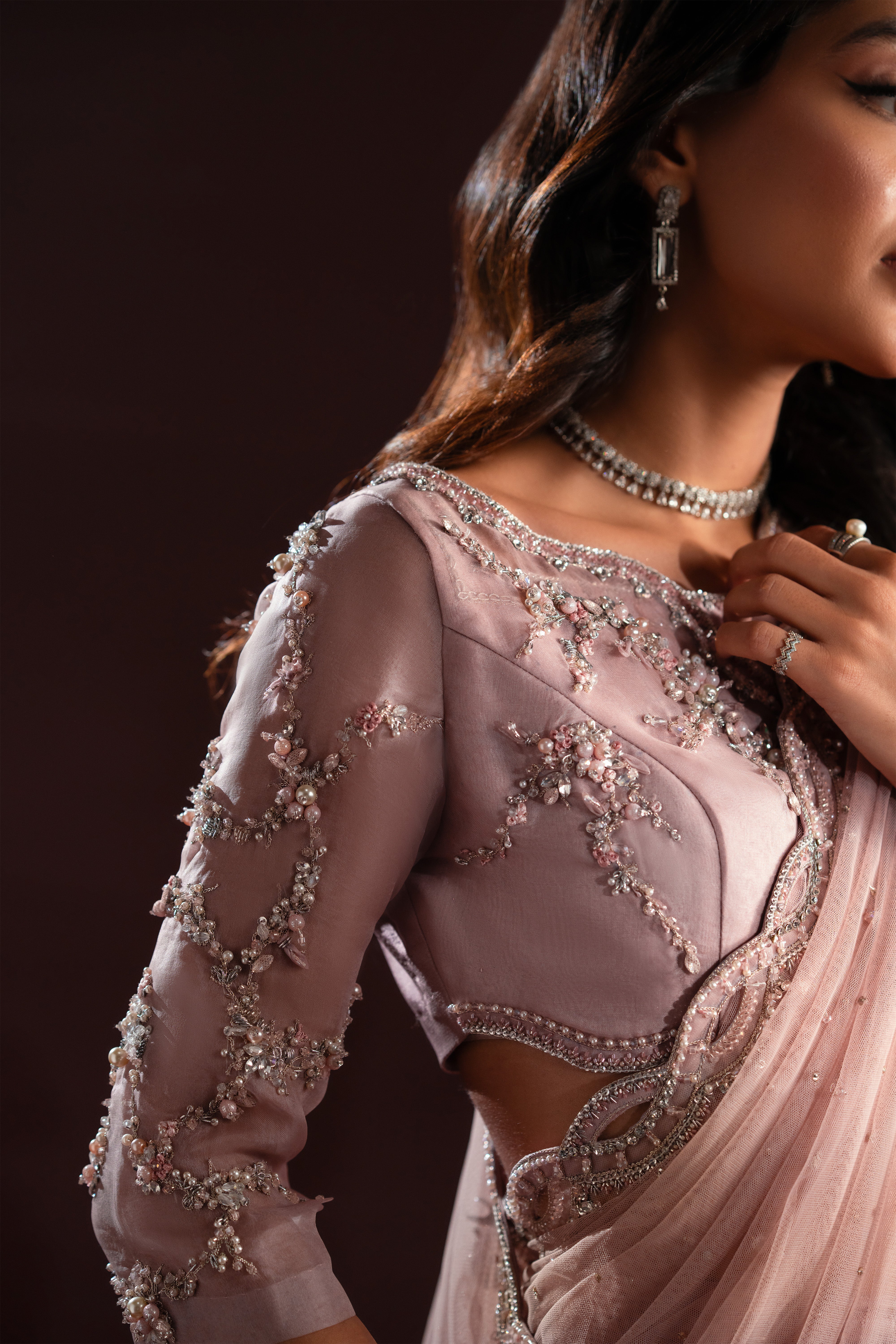 Blush Pink Embellished Silk & Net Saree (3-Piece) - Image 3