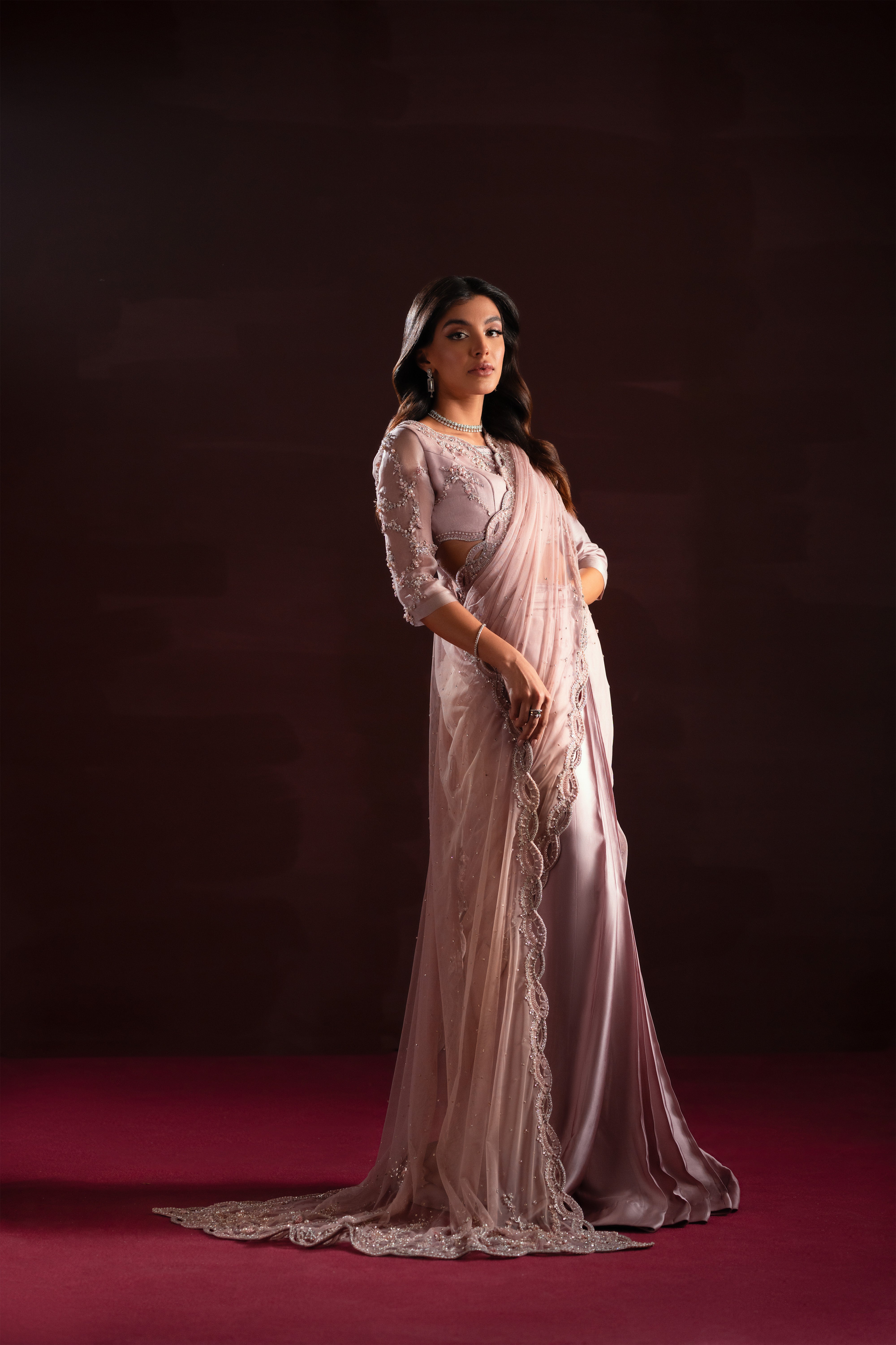 Blush Pink Embellished Silk & Net Saree (3-Piece) - Image 6