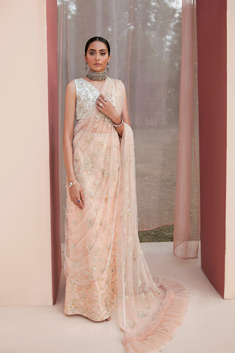 Blush Pink Embroidered Raw Silk Lehnga Saree (2-Piece) - Image 1