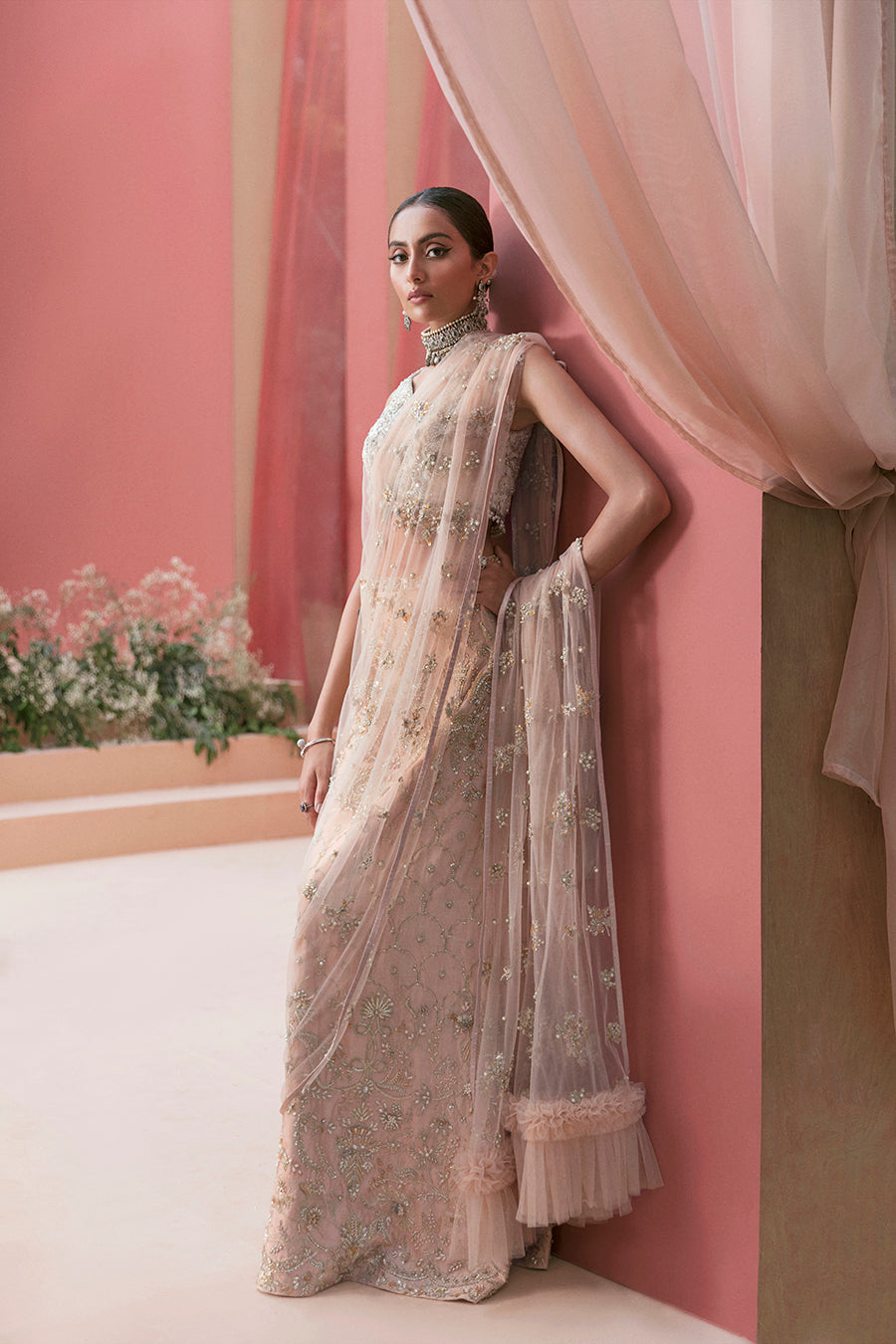 Blush Pink Embroidered Raw Silk Lehnga Saree (2-Piece) - Image 2