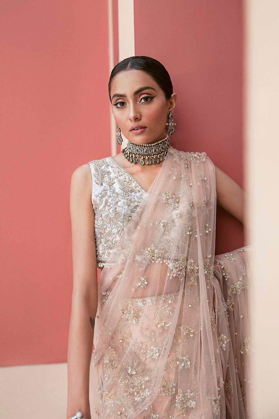 Blush Pink Embroidered Raw Silk Lehnga Saree (2-Piece) - Image 3