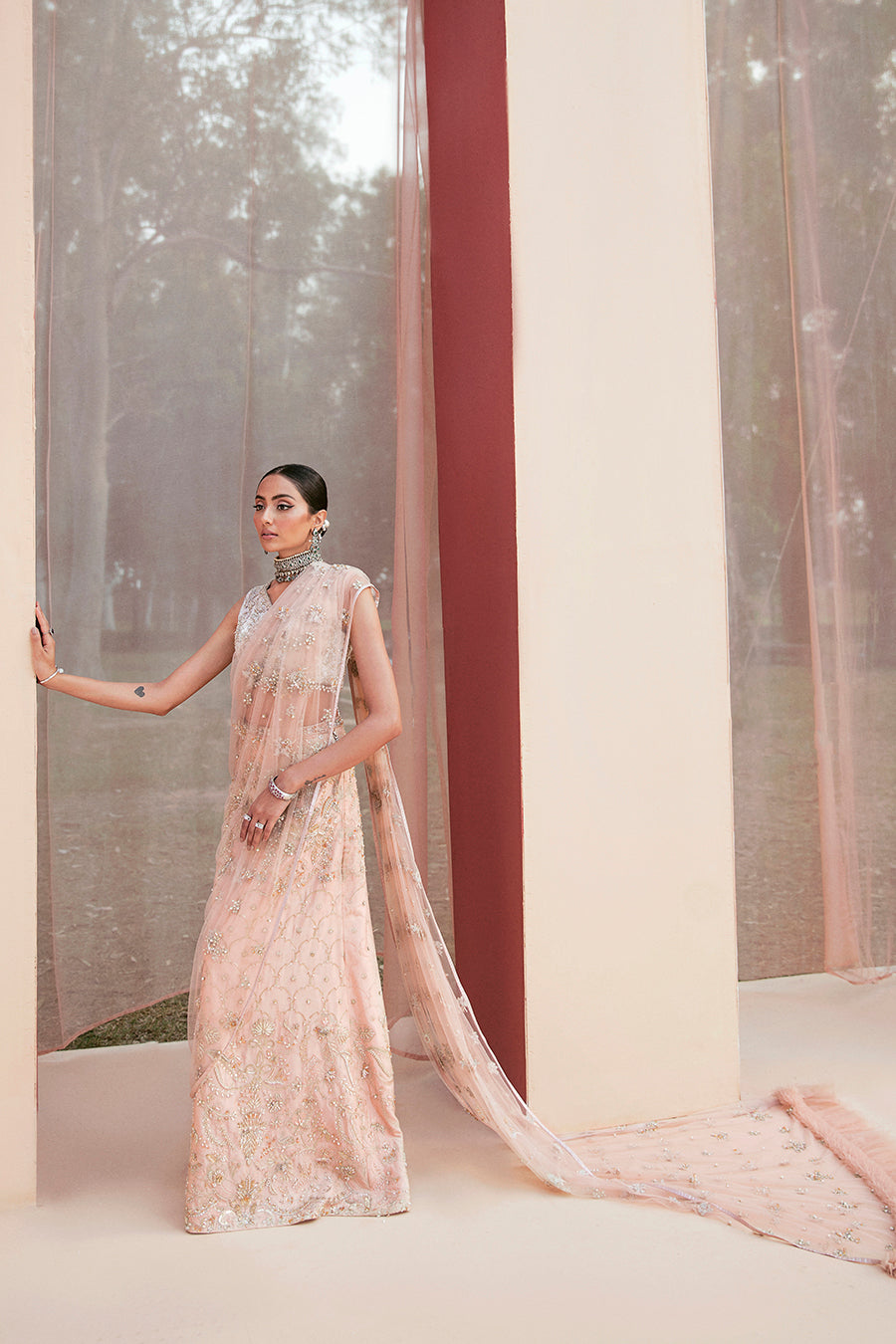 Blush Pink Embroidered Raw Silk Lehnga Saree (2-Piece) - Image 4