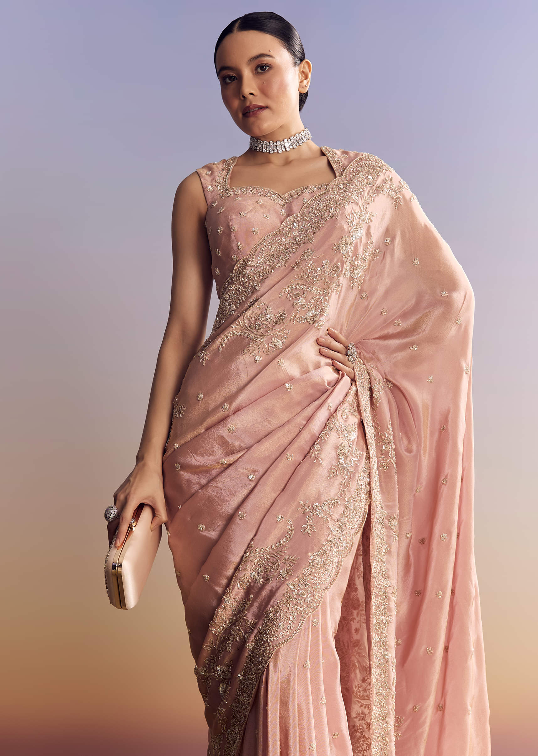 Indian Blush Pink Embroidered Satin Saree (2-Piece) - Image 1