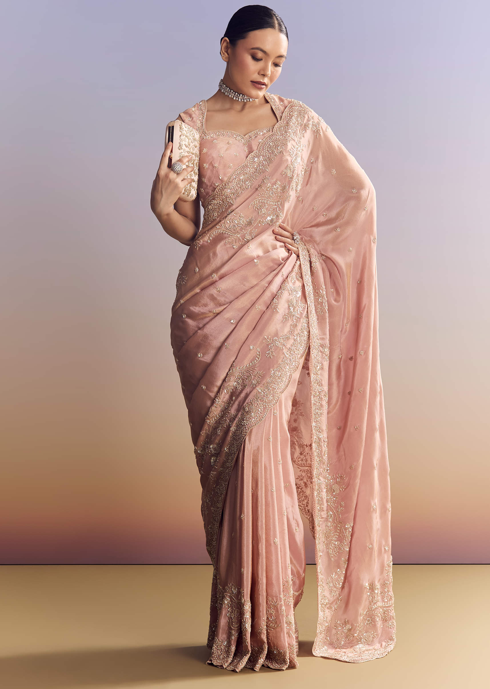 Indian Blush Pink Embroidered Satin Saree (2-Piece) - Image 10