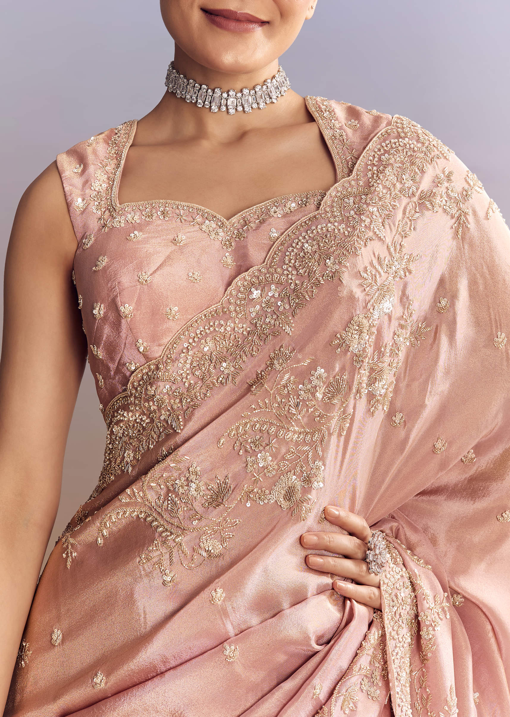 Indian Blush Pink Embroidered Satin Saree (2-Piece) - Image 2