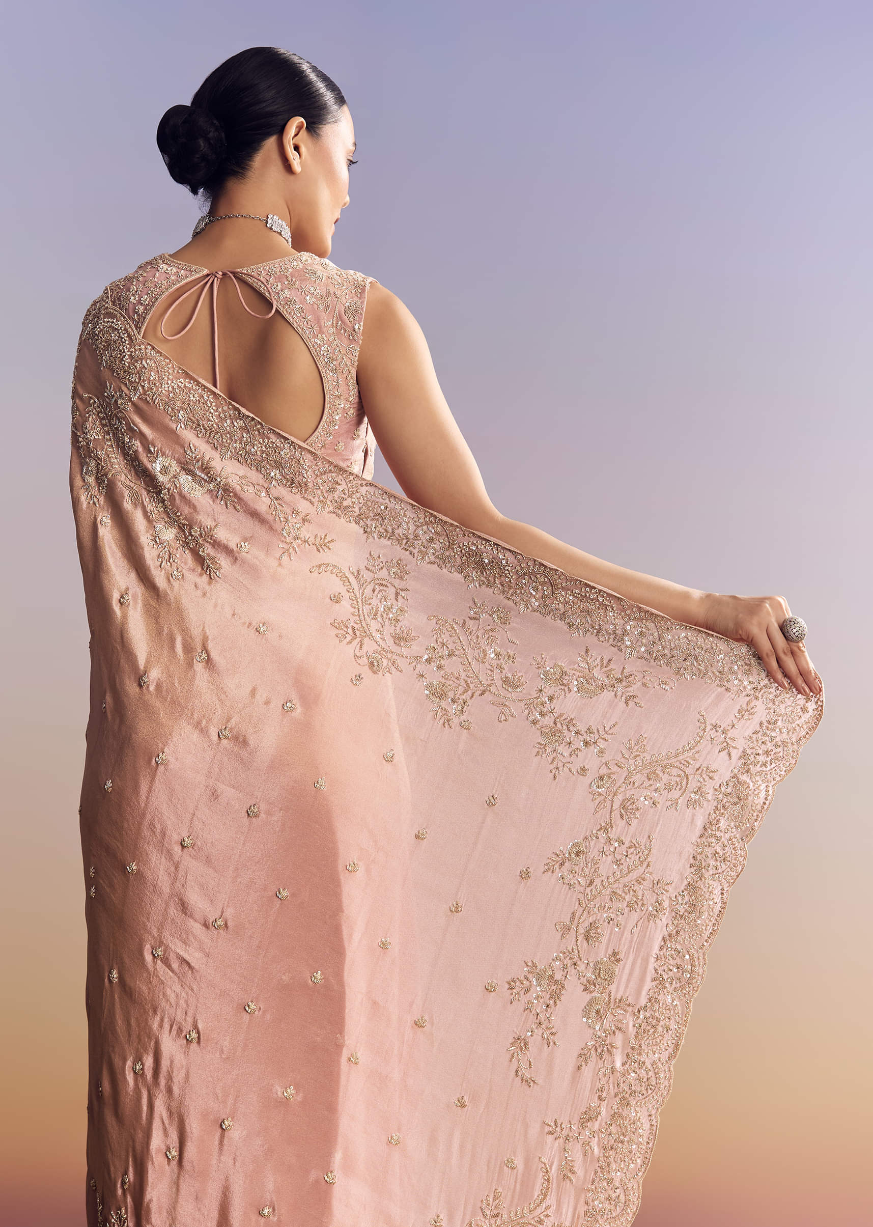 Indian Blush Pink Embroidered Satin Saree (2-Piece) - Image 3