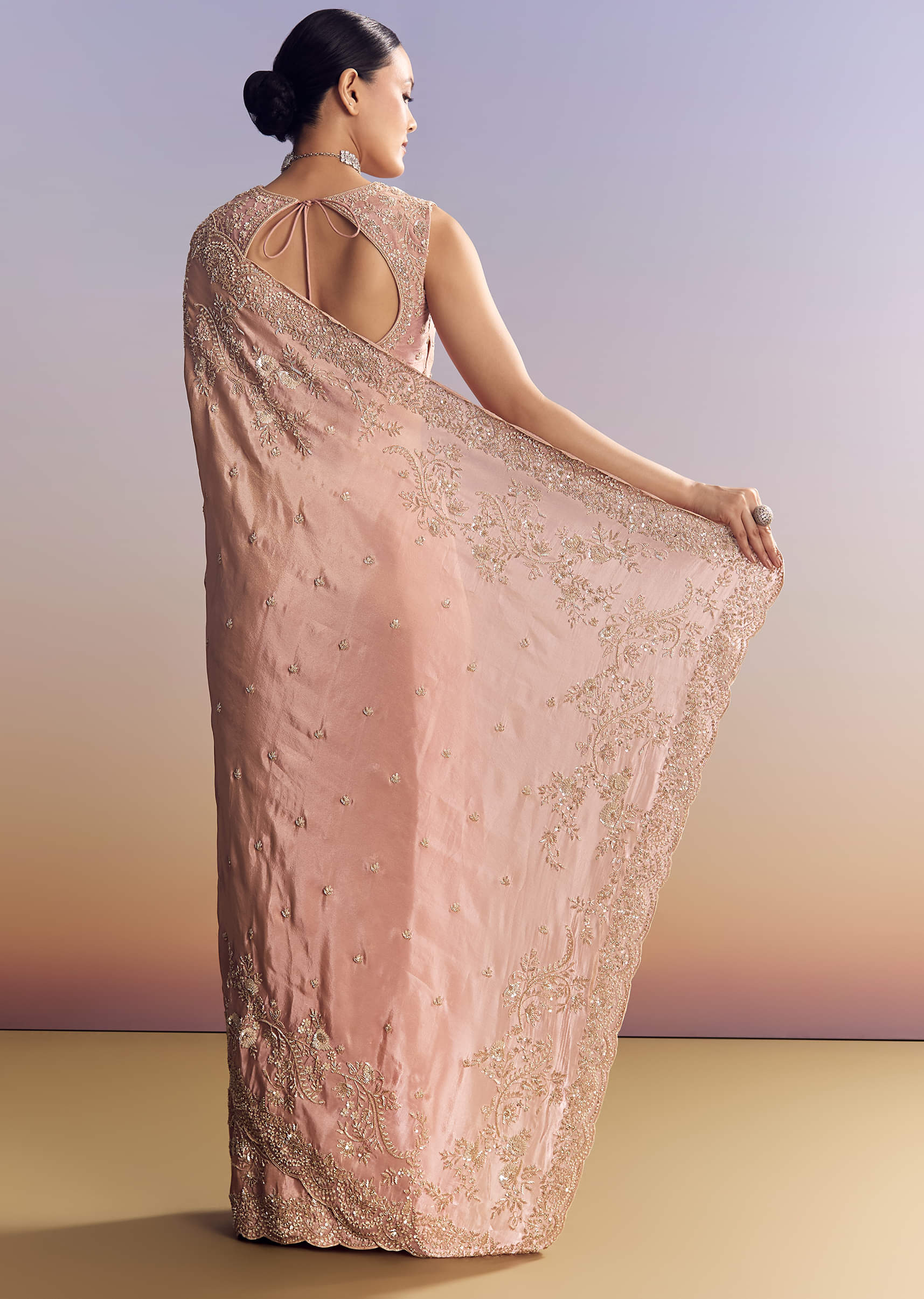 Indian Blush Pink Embroidered Satin Saree (2-Piece) - Image 5