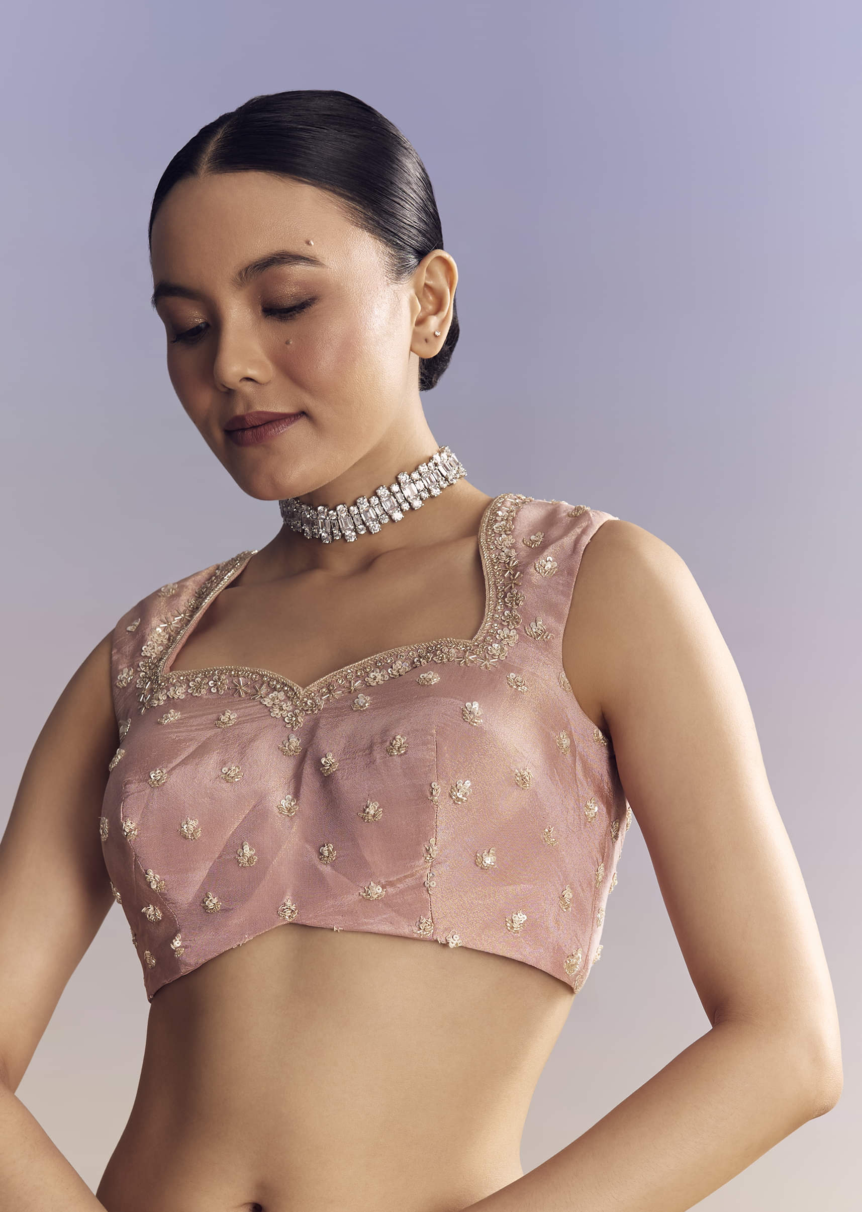 Indian Blush Pink Embroidered Satin Saree (2-Piece) - Image 6