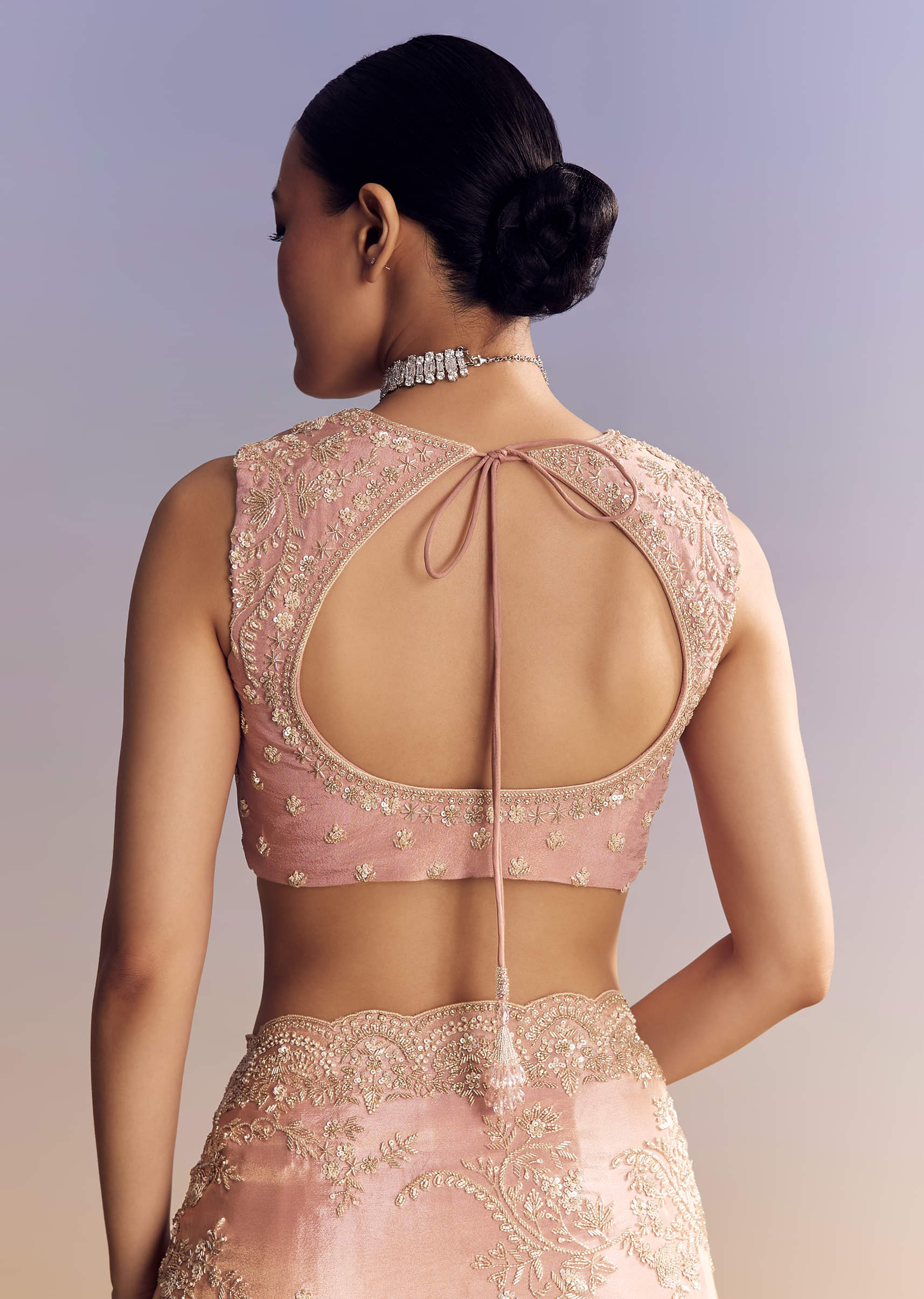 Indian Blush Pink Embroidered Satin Saree (2-Piece) - Image 7