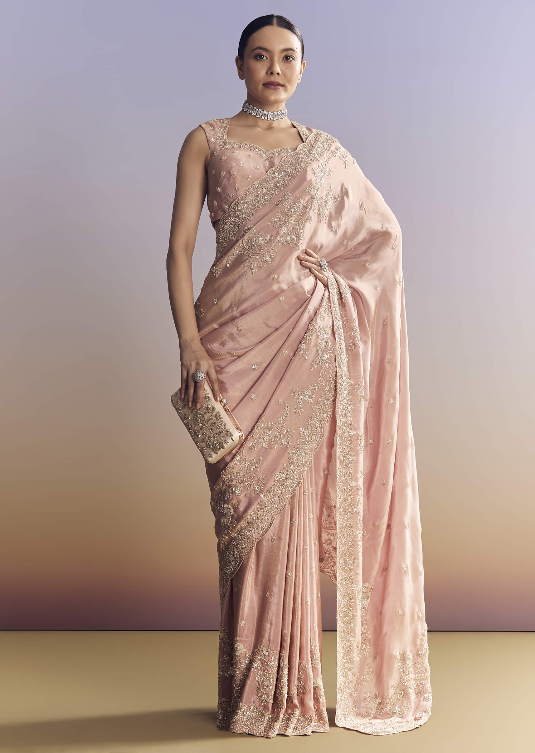 Indian Blush Pink Embroidered Satin Saree (2-Piece) - Image 9
