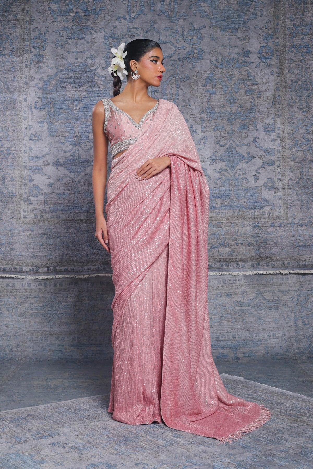 Light Pink Sequin Chiffon Saree (2-Piece) - Image 1