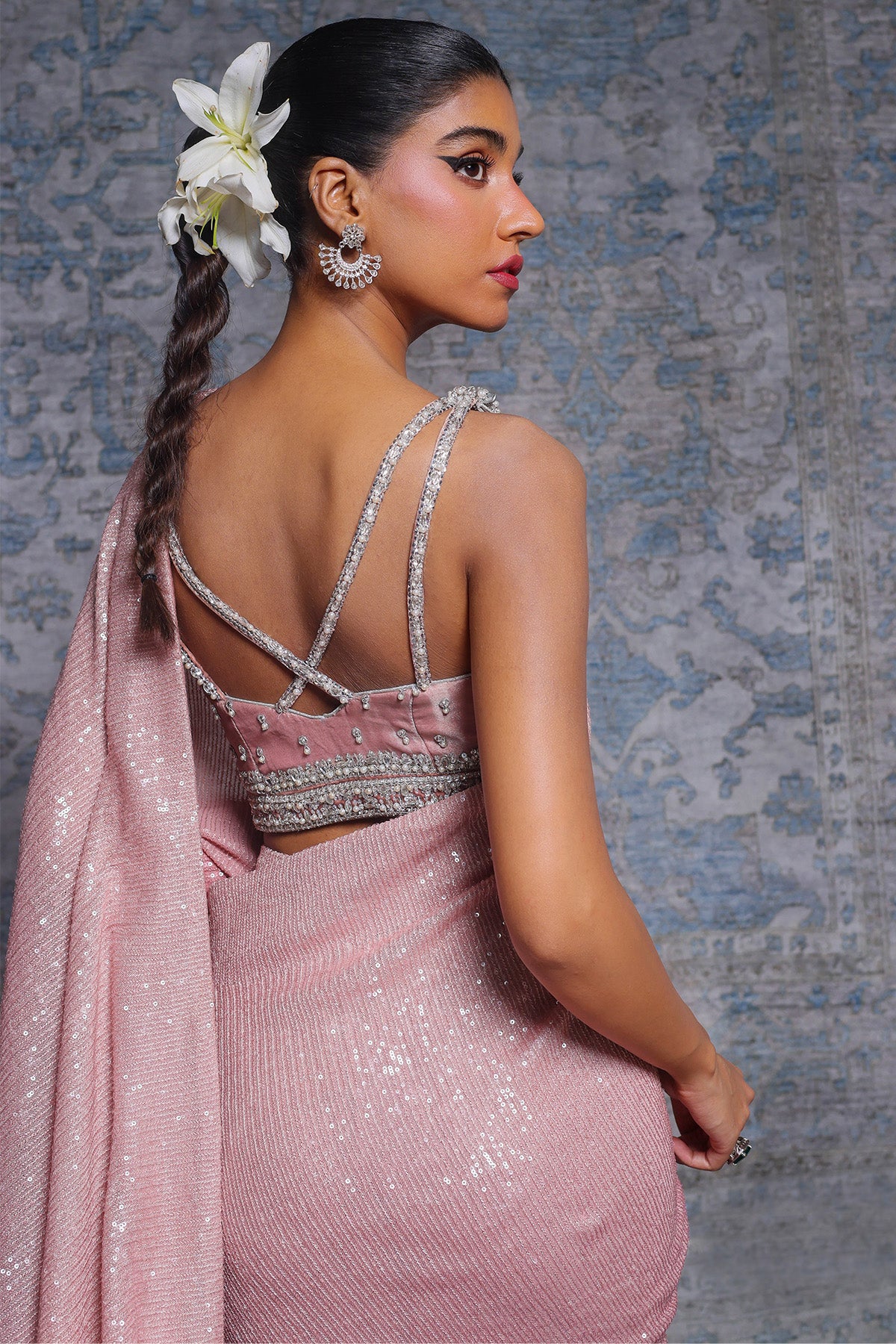 Light Pink Sequin Chiffon Saree (2-Piece) - Image 4