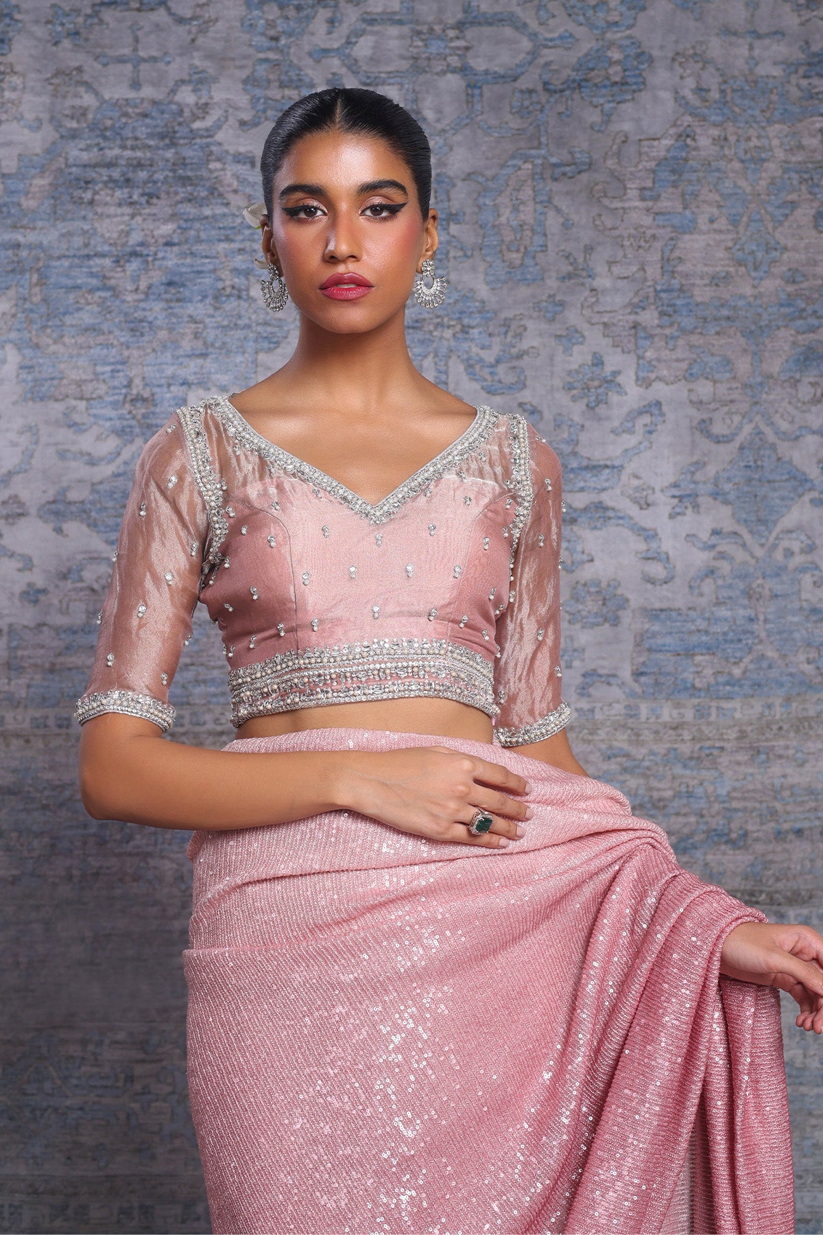 Light Pink Sequin Chiffon Saree (2-Piece) - Image 1