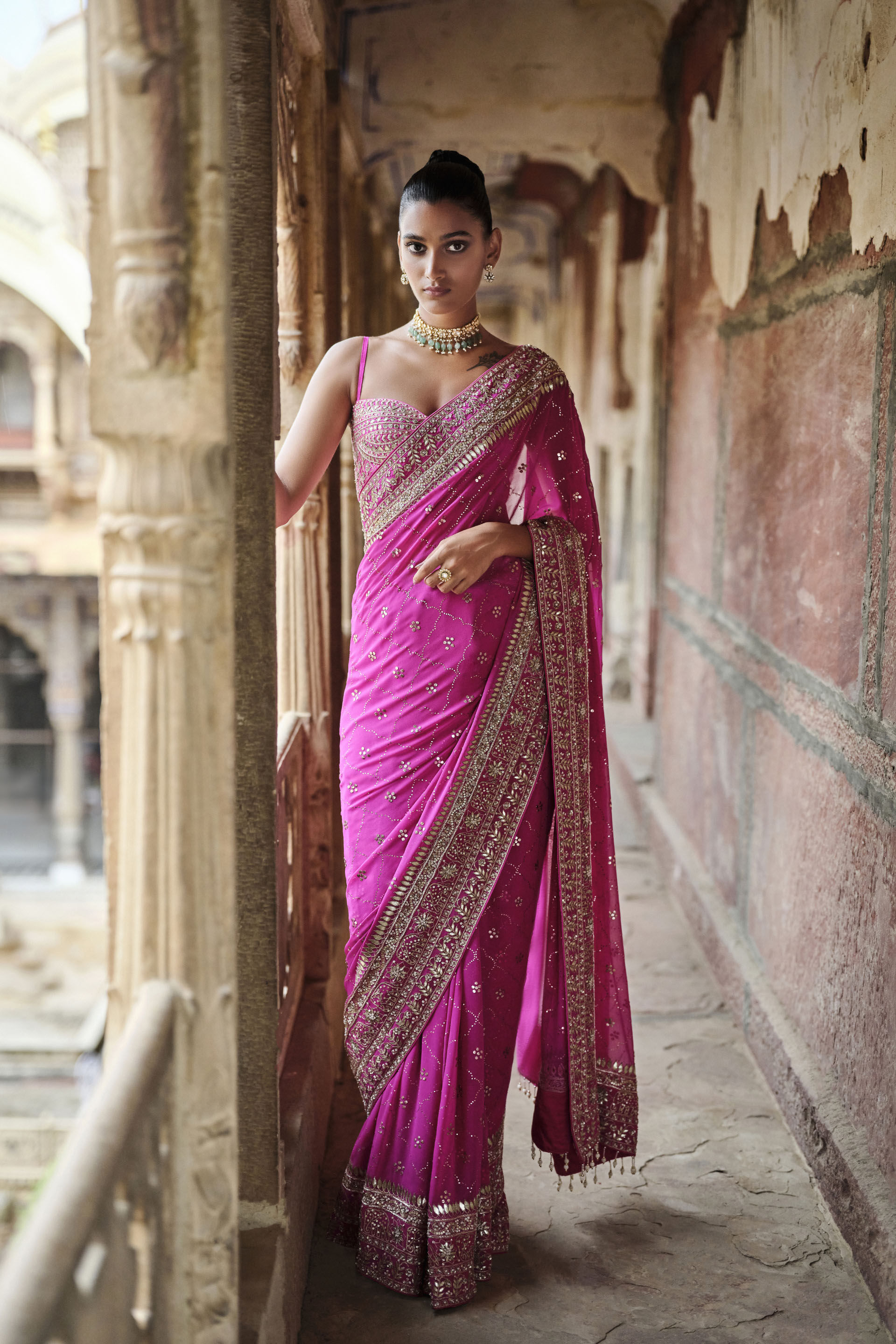 Indian Hot Pink Embellished Silk Georgette Saree (3-Piece) - Image 1
