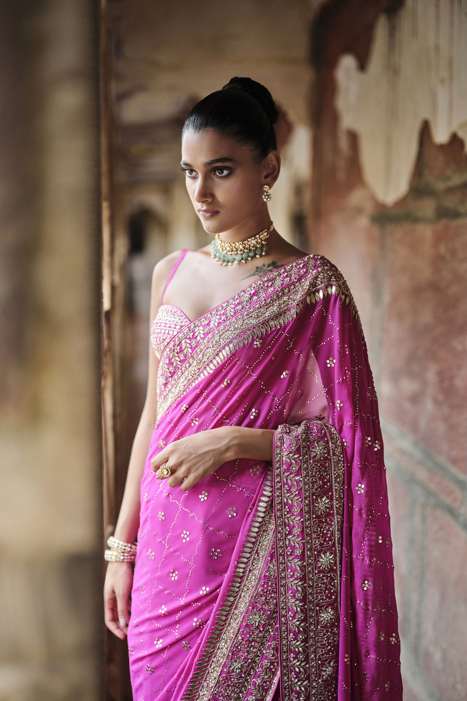 Indian Hot Pink Embellished Silk Georgette Saree (3-Piece) - Image 3