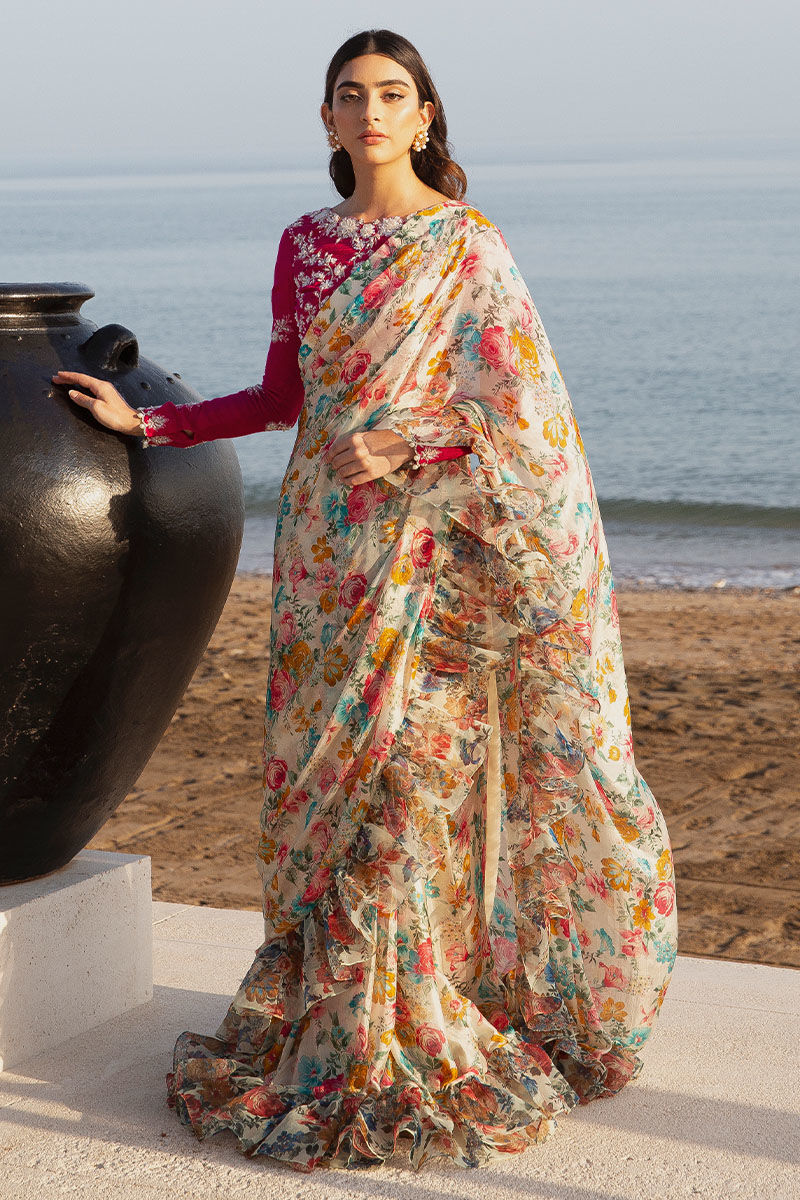 Magenta Pearl & Crystal Silk Saree (2-Piece) - Image 1