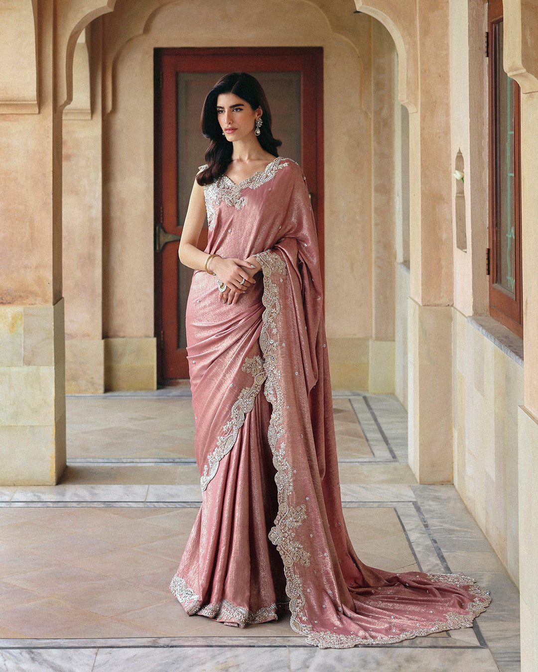 Dusty Pink Embellished Shimmer Silk Saree (3-Piece) - Image 1