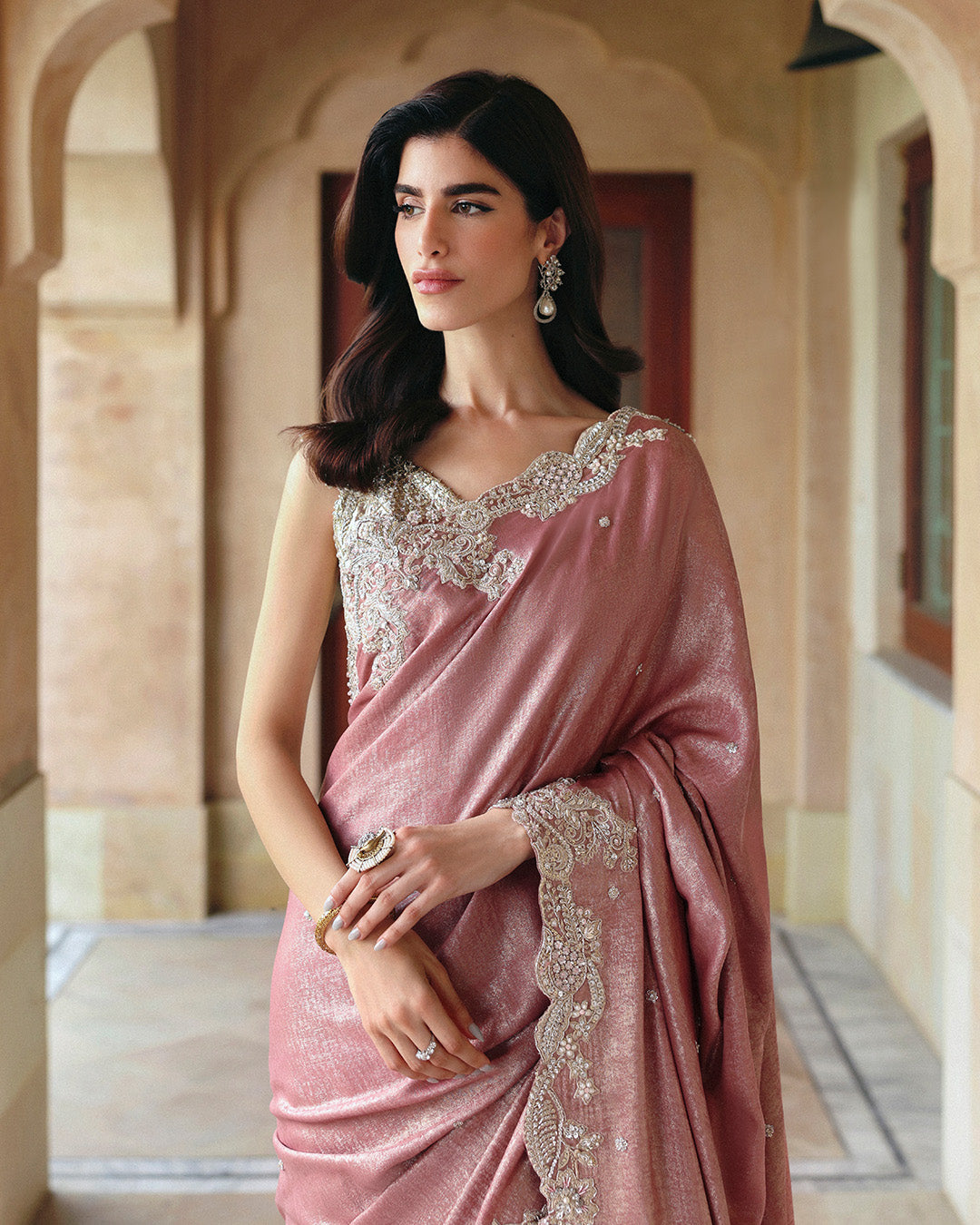 Dusty Pink Embellished Shimmer Silk Saree (3-Piece) - Image 2