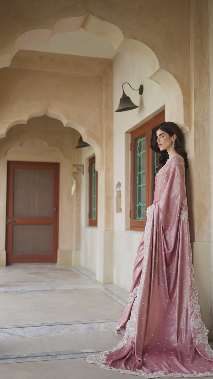 Indian Dusty Pink Embellished Shimmer Silk Saree (3-Piece) - Image 5