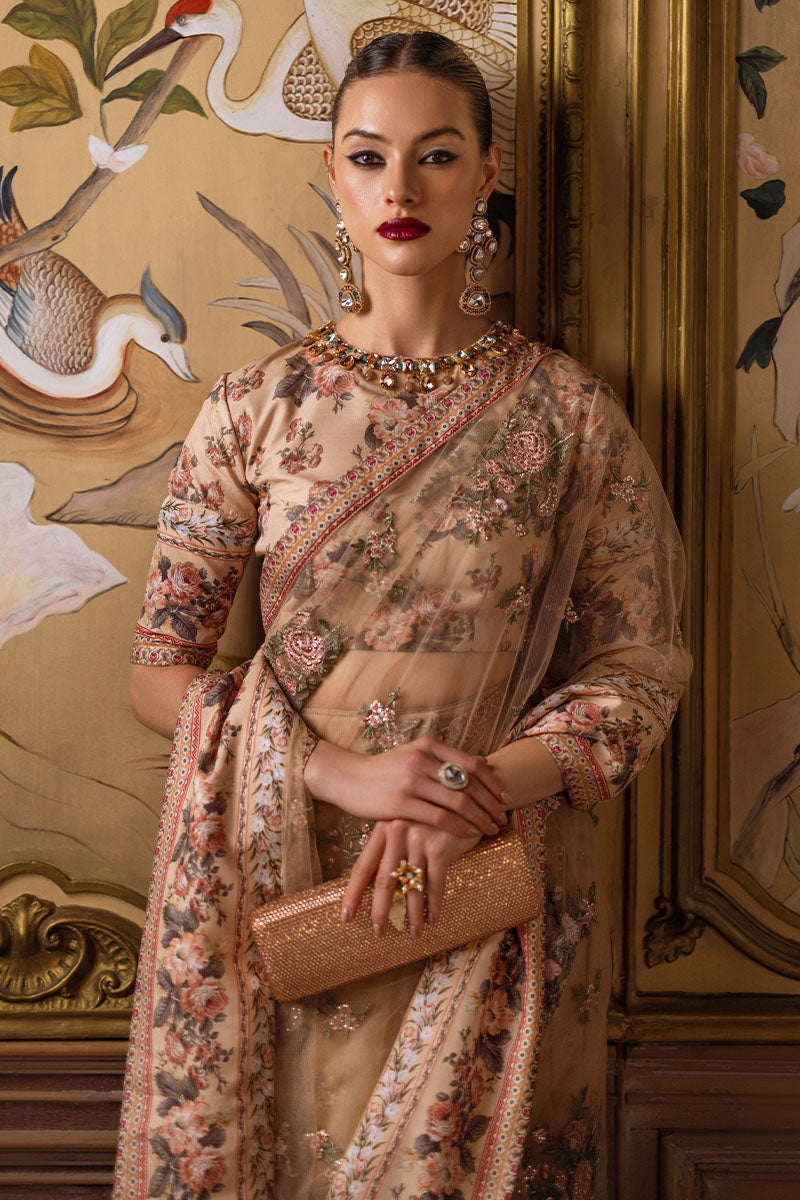 Pakistani Coral Sequined Floral Silk Net Saree (2-Piece) - Image 4