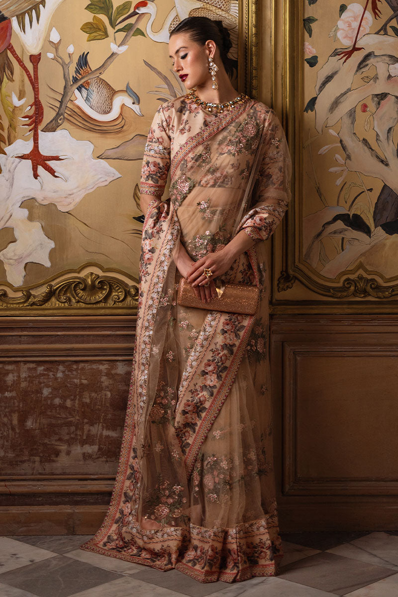 Pakistani Coral Sequined Floral Silk Net Saree (2-Piece) - Image 5