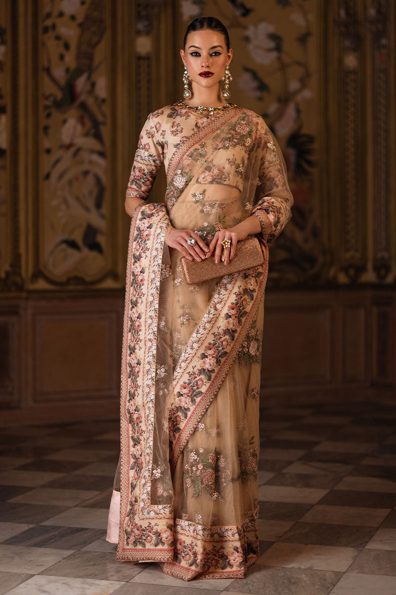 Pakistani Coral Sequined Floral Silk Net Saree (2-Piece) - Image 7