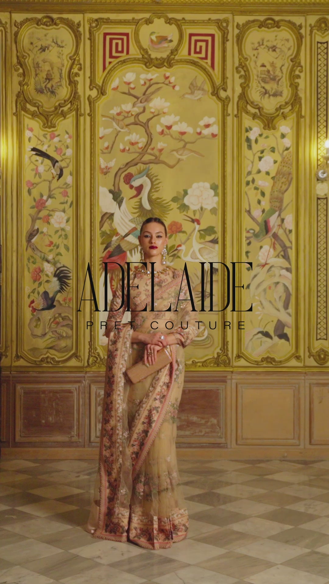 Pakistani Coral Sequined Floral Silk Net Saree (2-Piece) - Image 8