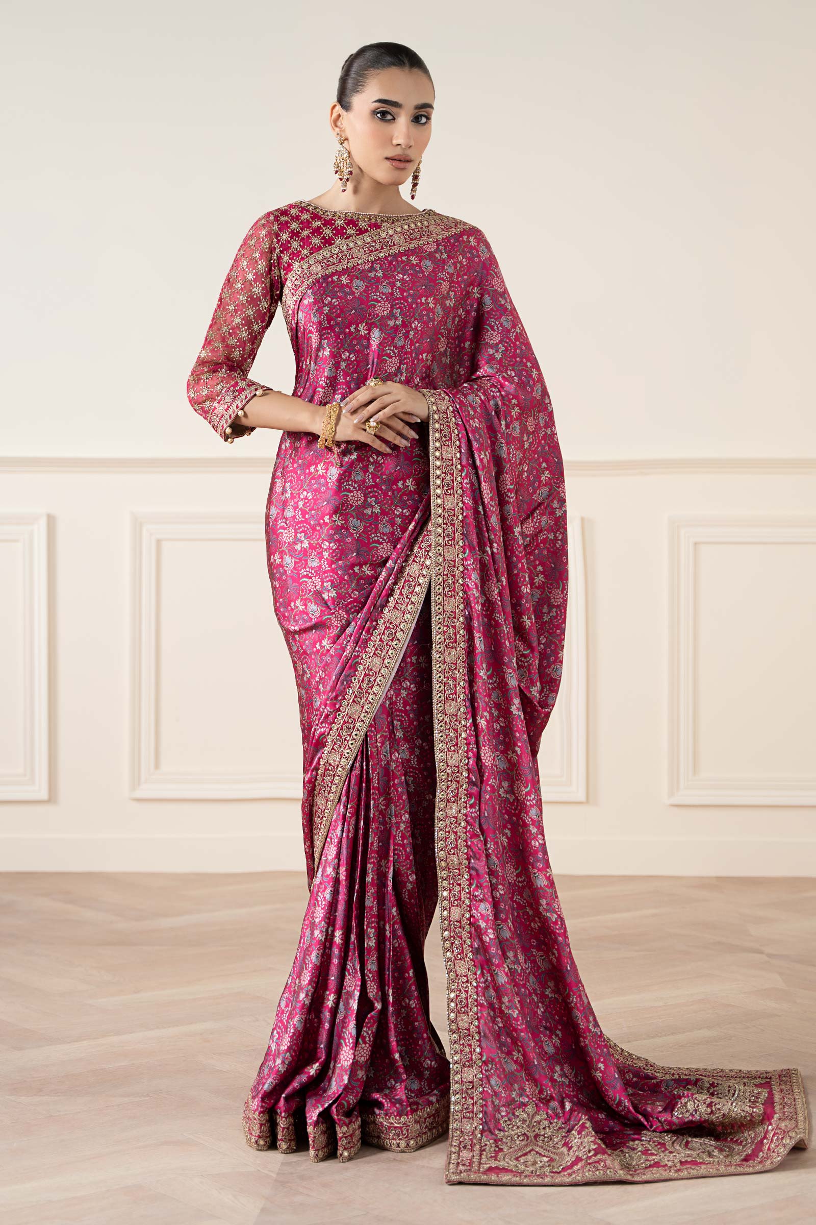Pink Embroidered Silk Saree with Organza Blouse (3-Piece) - Image 1