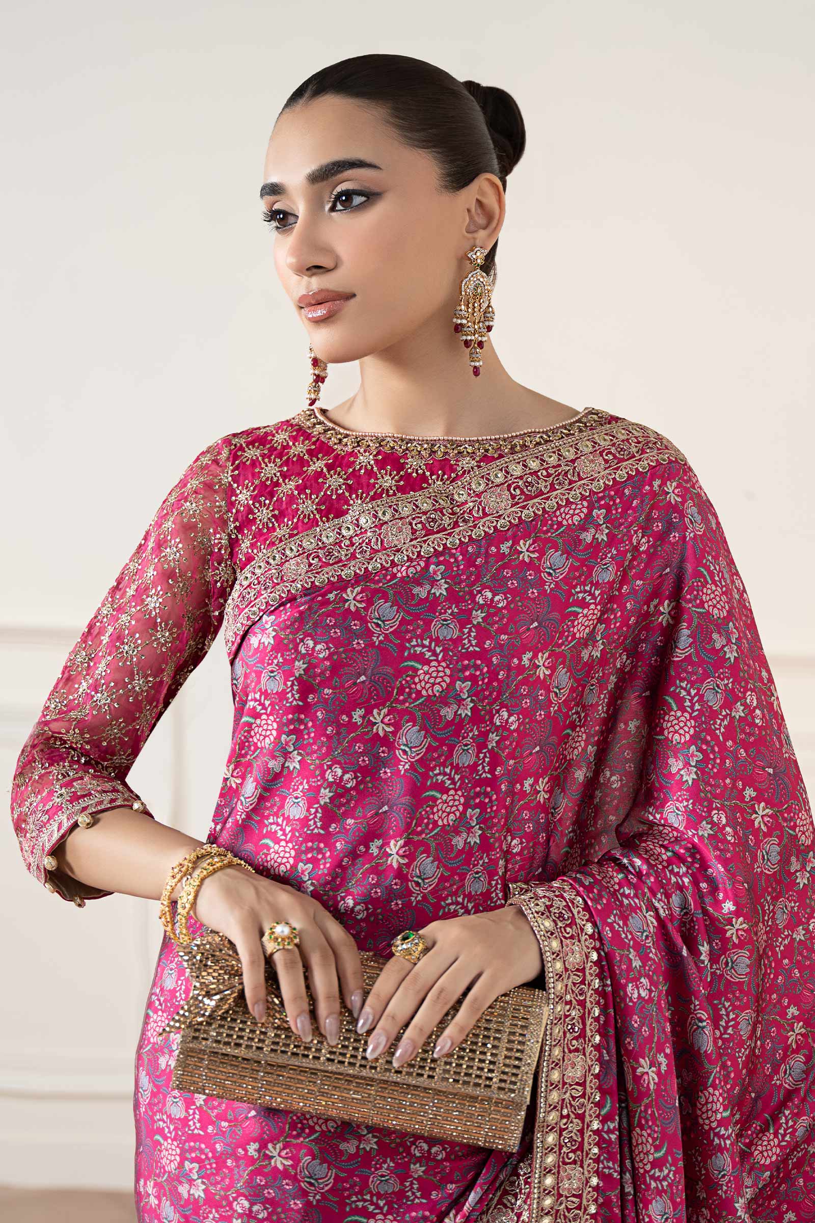 Pink Embroidered Silk Saree with Organza Blouse (3-Piece) - Image 2