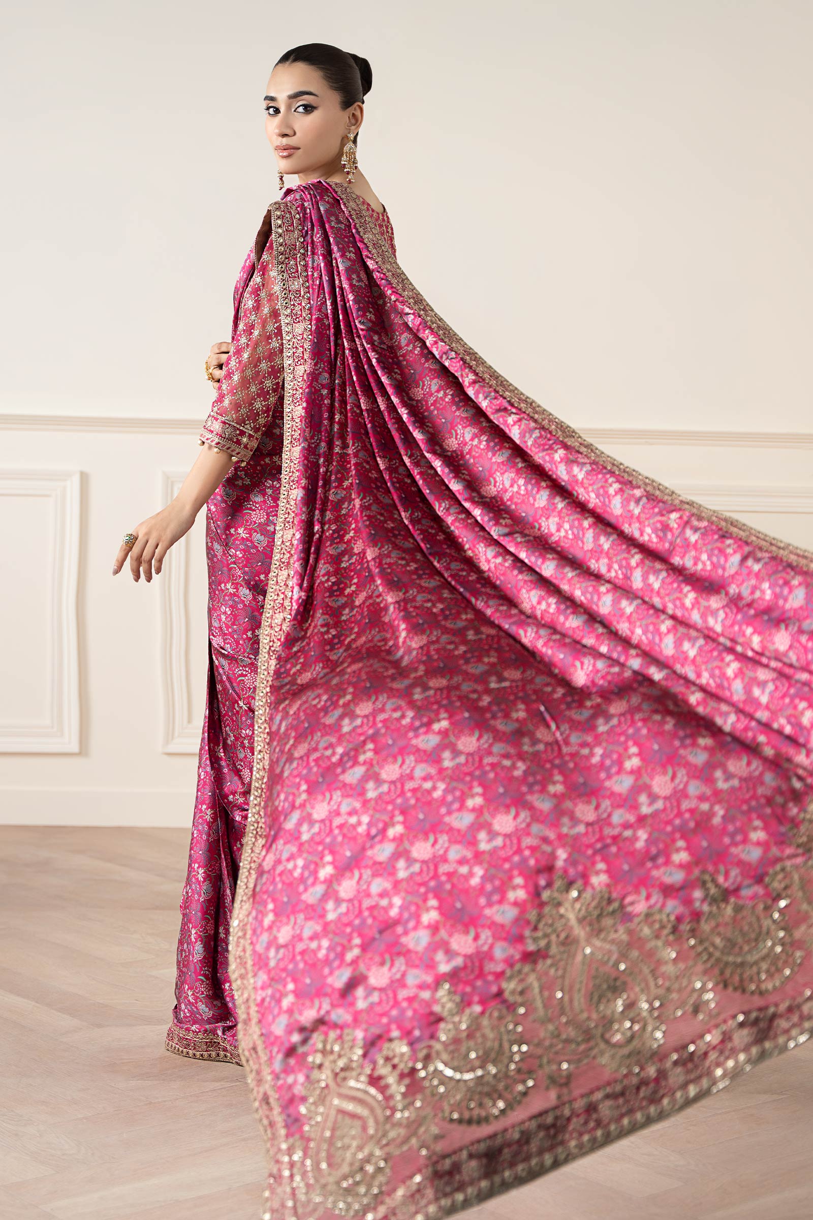 Pink Embroidered Silk Saree with Organza Blouse (3-Piece) - Image 3