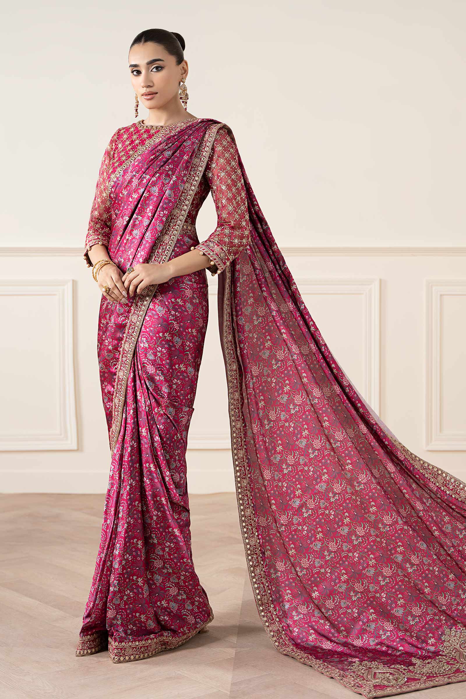 Pink Embroidered Silk Saree with Organza Blouse (3-Piece) - Image 5